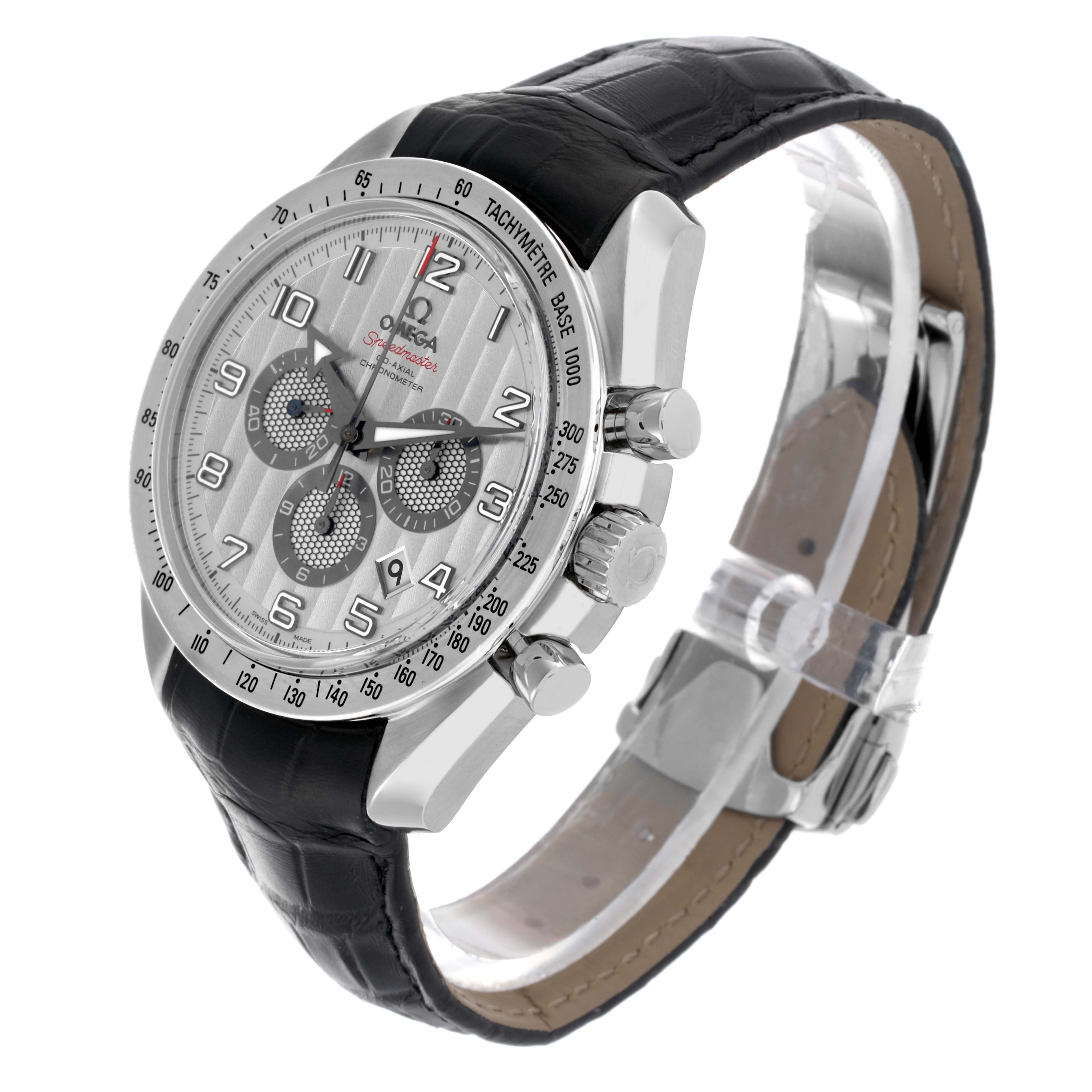 The Omega Speedmaster 321.13.44.50.02.001 Men
s Stainless Steel Silver Dial 321.13.44.50.02.001 Men
s Stainless Steel Silver Dial watch is shown at a three-quarter angle, displaying the face, crown, chronograph buttons, and leather strap.