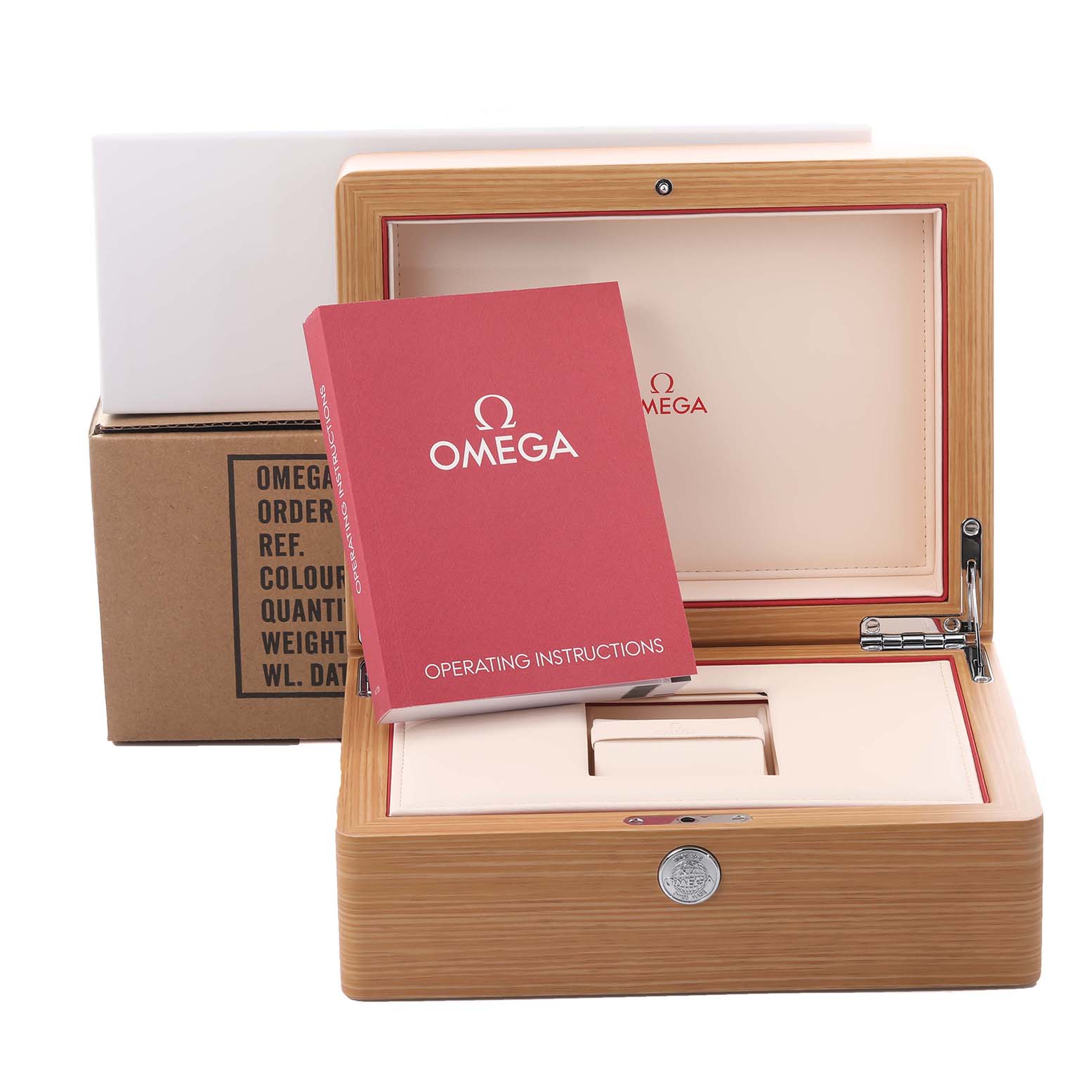 The image shows a partially open Omega Speedmaster 321.13.44.50.02.001 Men
s Stainless Steel Silver Dial 321.13.44.50.02.001 Men
s Stainless Steel Silver Dial watch box with operating instructions, all viewed from the front.