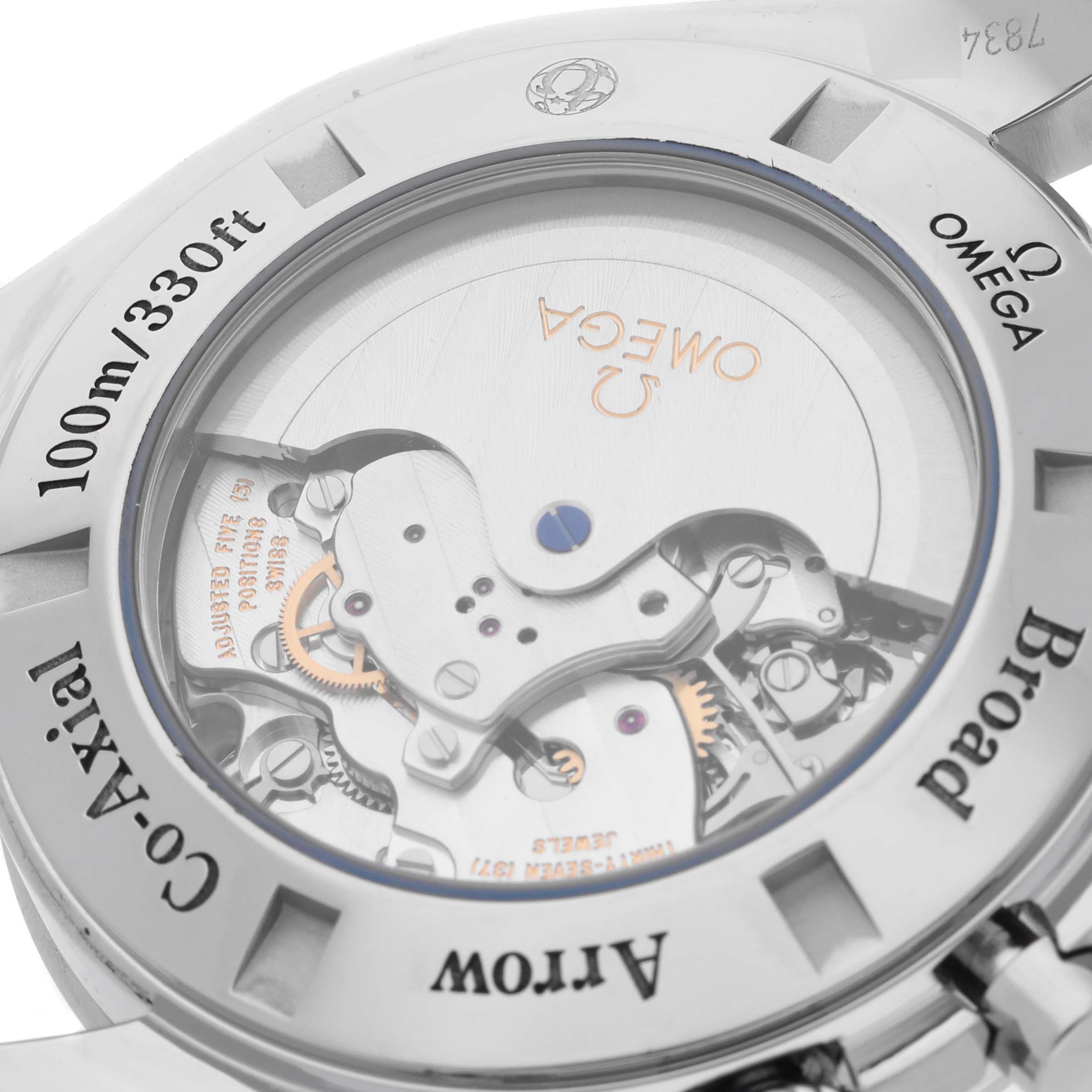 The image shows the case back of an Omega Speedmaster 321.13.44.50.02.001 Men
s Stainless Steel Silver Dial 321.13.44.50.02.001 Men
s Stainless Steel Silver Dial, revealing the watch
s internal movement and Co-Axial mechanism.