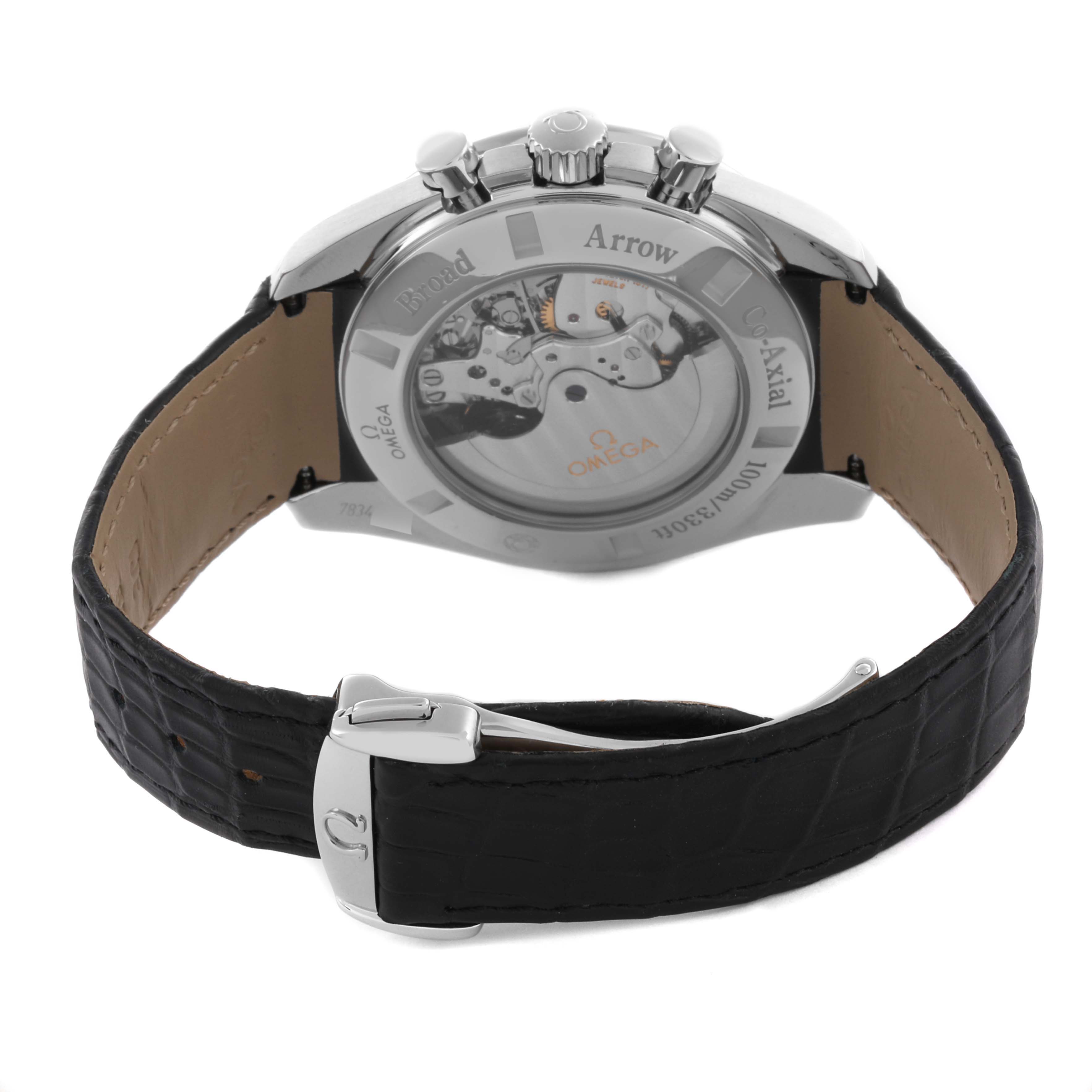 The image shows the Omega Speedmaster 321.13.44.50.02.001 Men
s Stainless Steel Silver Dial 321.13.44.50.02.001 Men
s Stainless Steel Silver Dial watch from the back, highlighting the transparent case back and leather strap.