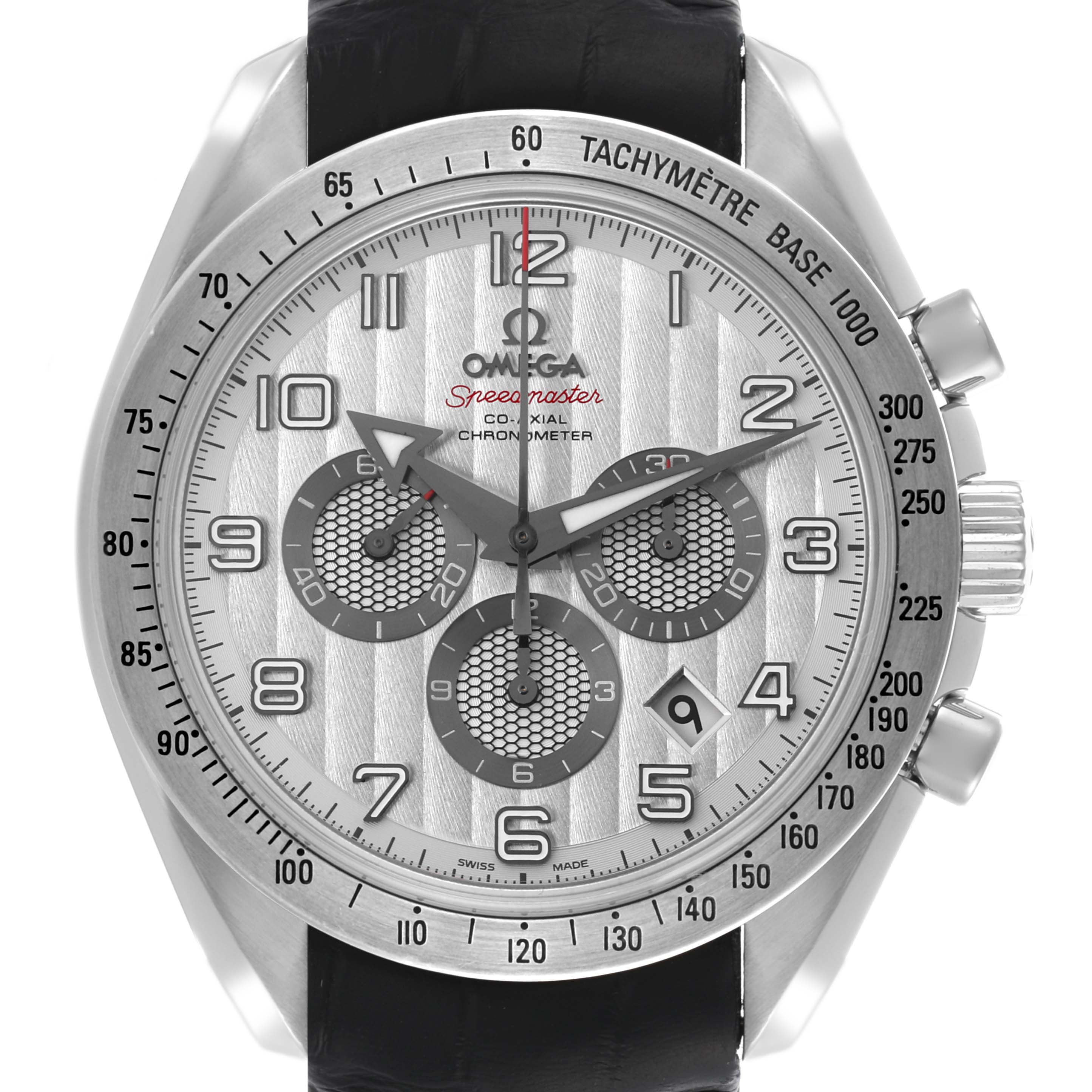 The Omega Speedmaster 321.13.44.50.02.001 Men
s Stainless Steel Silver Dial 321.13.44.50.02.001 Men
s Stainless Steel Silver Dial is shown from the front, highlighting its dial, tachymeter bezel, and chronograph features.