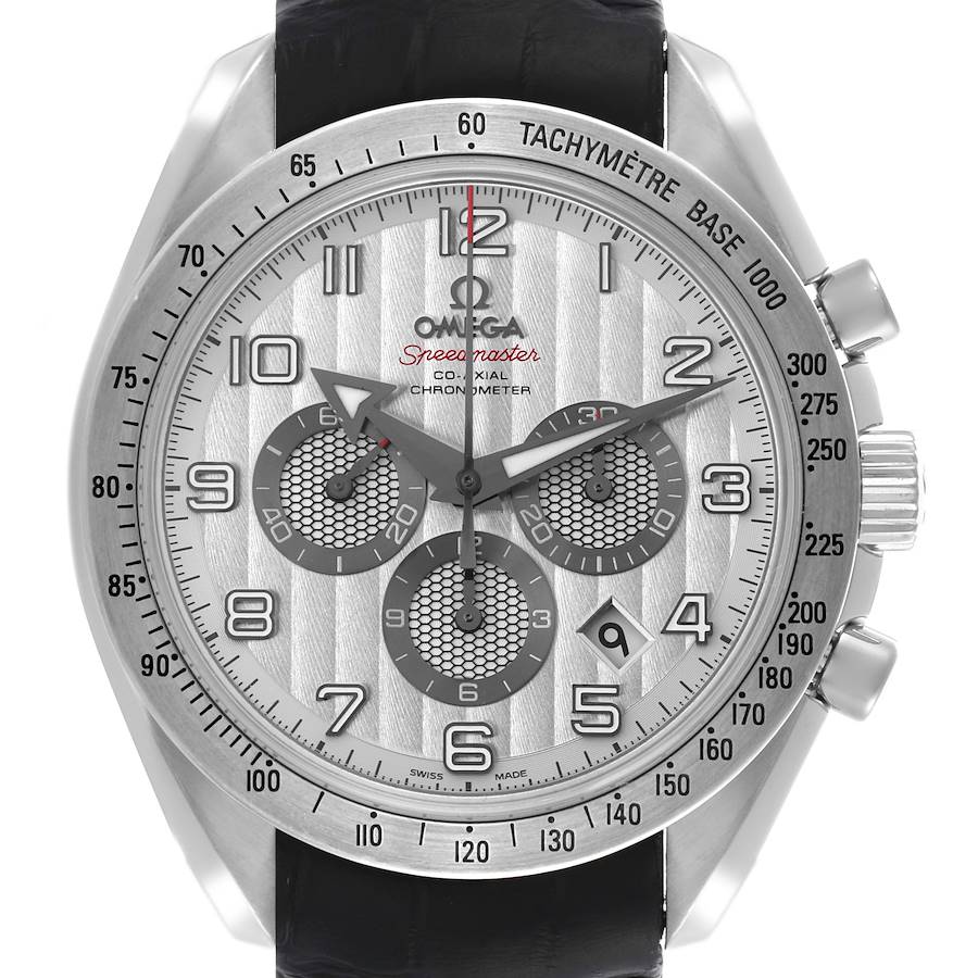 The Omega Speedmaster is shown from the front, highlighting its dial, tachymeter bezel, and chronograph features.