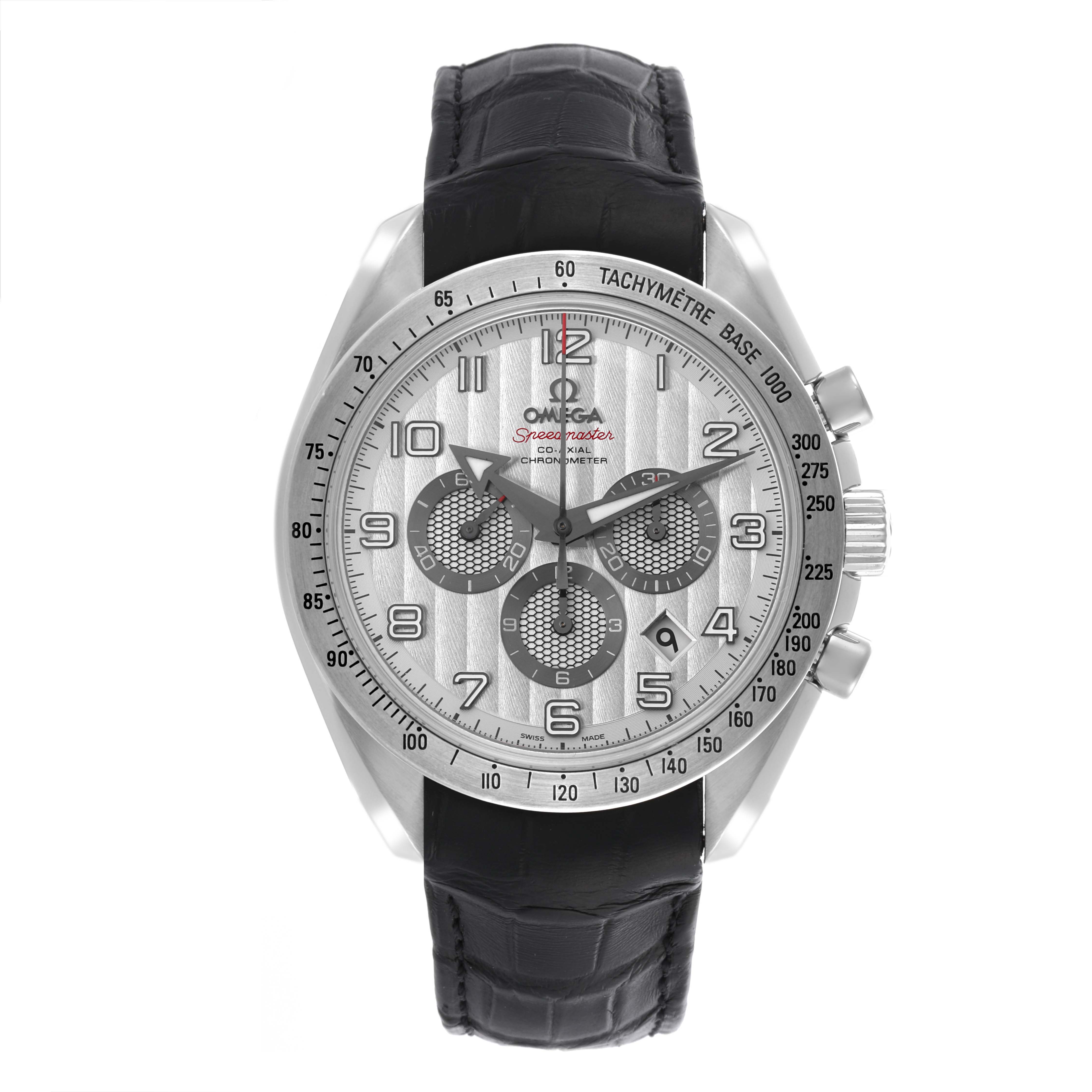 The Omega Speedmaster 321.13.44.50.02.001 Men
s Stainless Steel Silver Dial 321.13.44.50.02.001 Men
s Stainless Steel Silver Dial model is shown from a front angle, displaying the watch face, bezel, and leather strap.