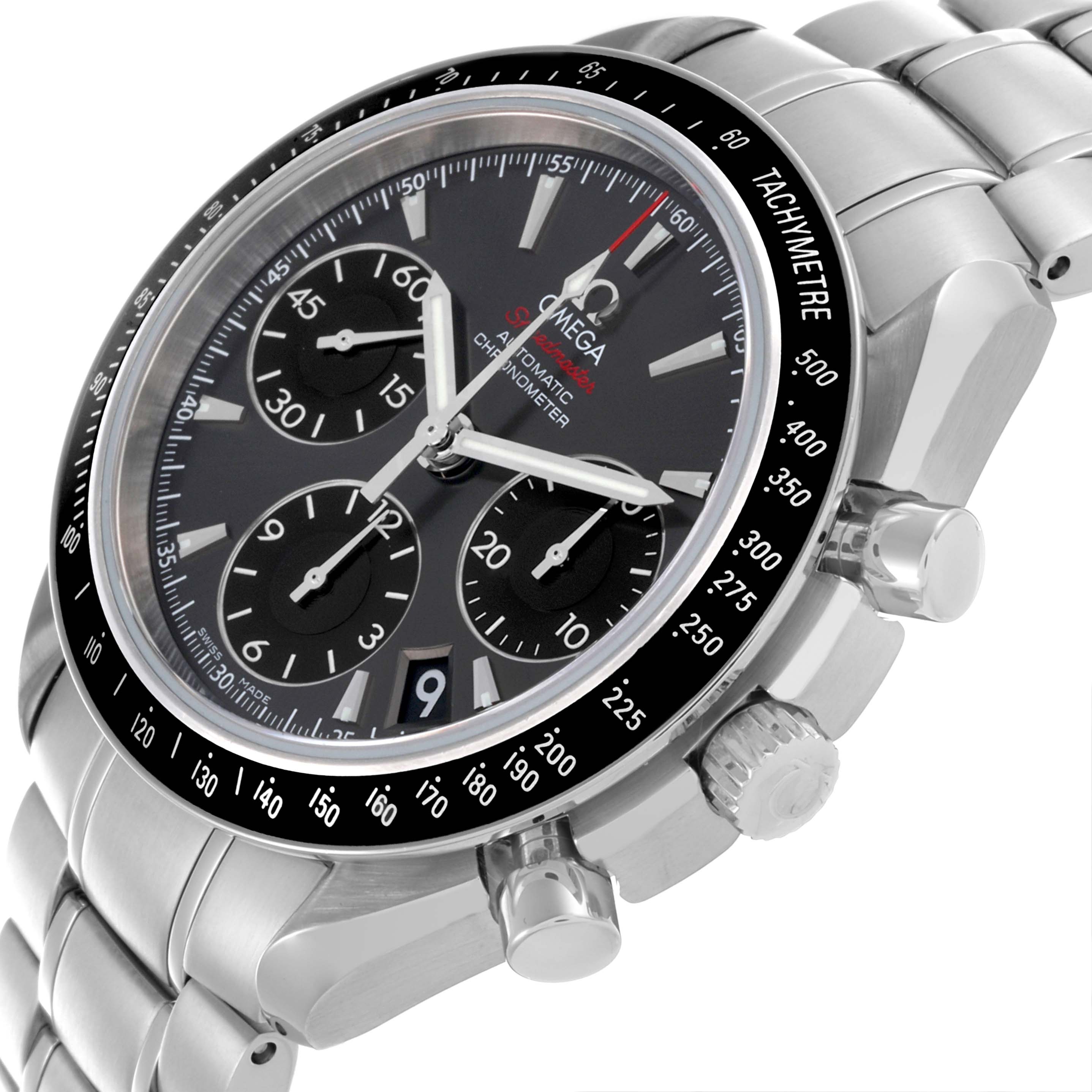 The Omega Speedmaster 323.30.40.40.06.001 Men's Stainless Steel Grey Dial 323.30.40.40.06.001 Men's Stainless Steel Grey Dial watch is shown at an angled close-up, highlighting the dial, bezel, pushers, and bracelet.