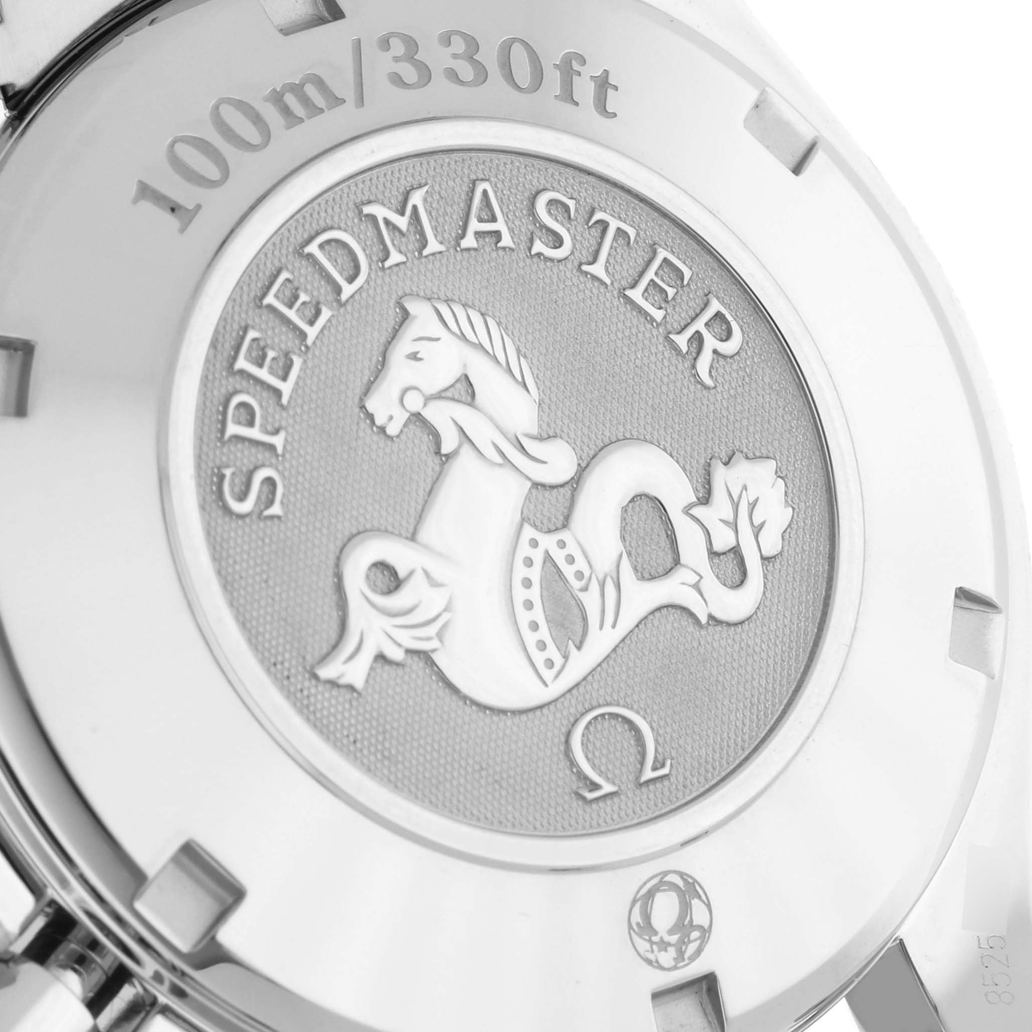 The image shows the back of the Omega Speedmaster 323.30.40.40.06.001 Men's Stainless Steel Grey Dial 323.30.40.40.06.001 Men's Stainless Steel Grey Dial, featuring the logo and water resistance details at a close angle.