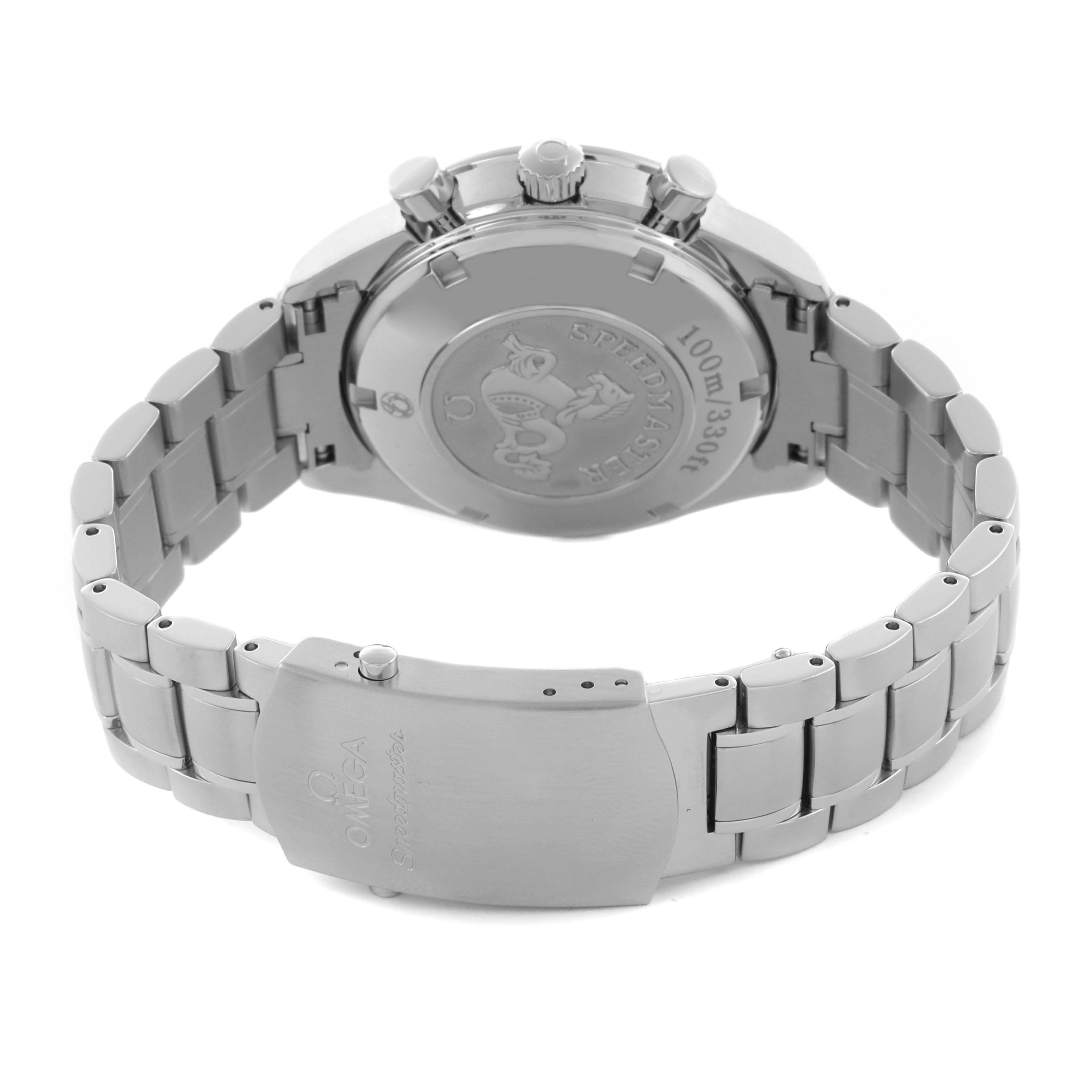 The image shows the back and bracelet of an Omega Speedmaster 323.30.40.40.06.001 Men's Stainless Steel Grey Dial 323.30.40.40.06.001 Men's Stainless Steel Grey Dial watch, highlighting the clasp and case back details.