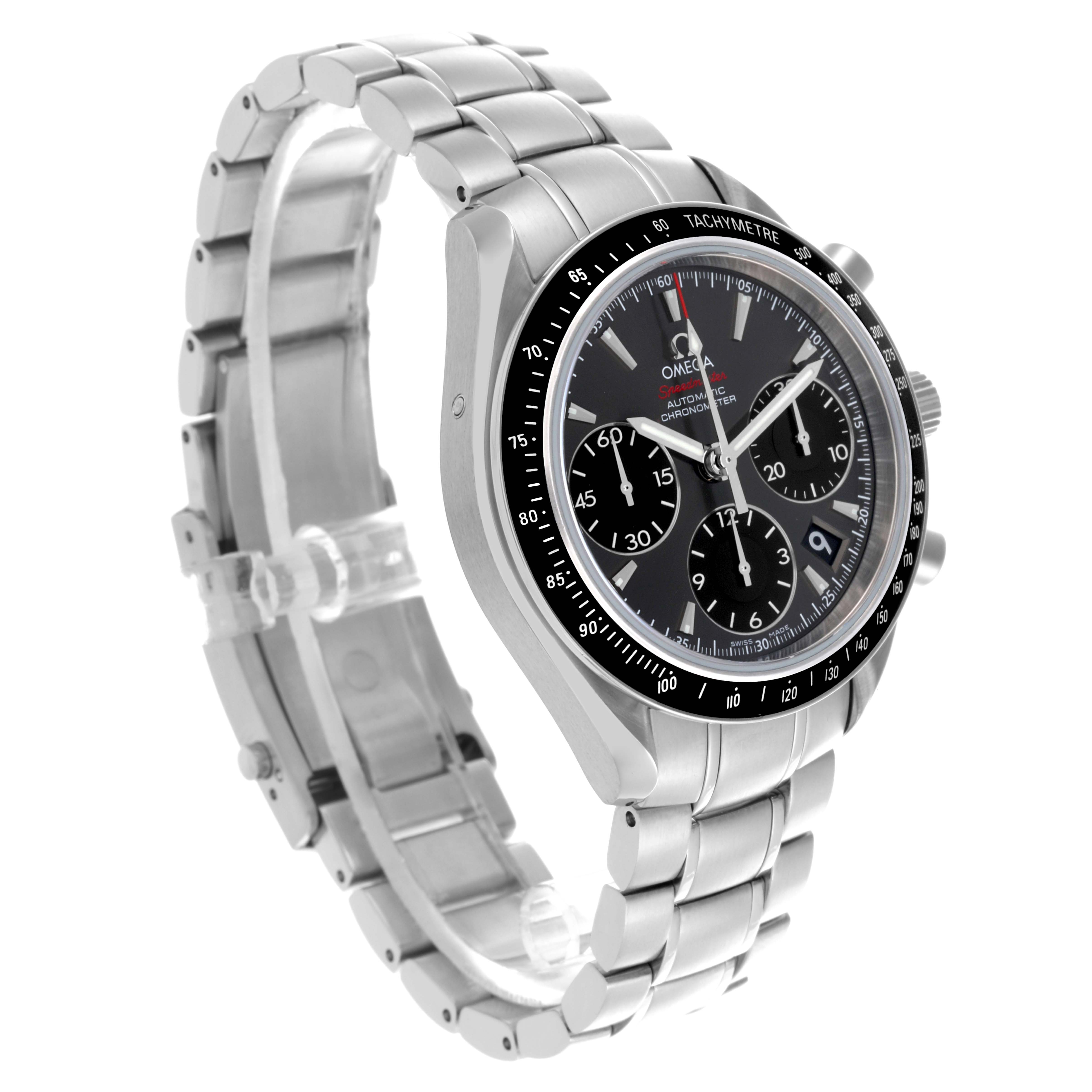 The Omega Speedmaster 323.30.40.40.06.001 Men's Stainless Steel Grey Dial 323.30.40.40.06.001 Men's Stainless Steel Grey Dial is shown at a three-quarter angle, highlighting the dial, bezel, and stainless steel bracelet.