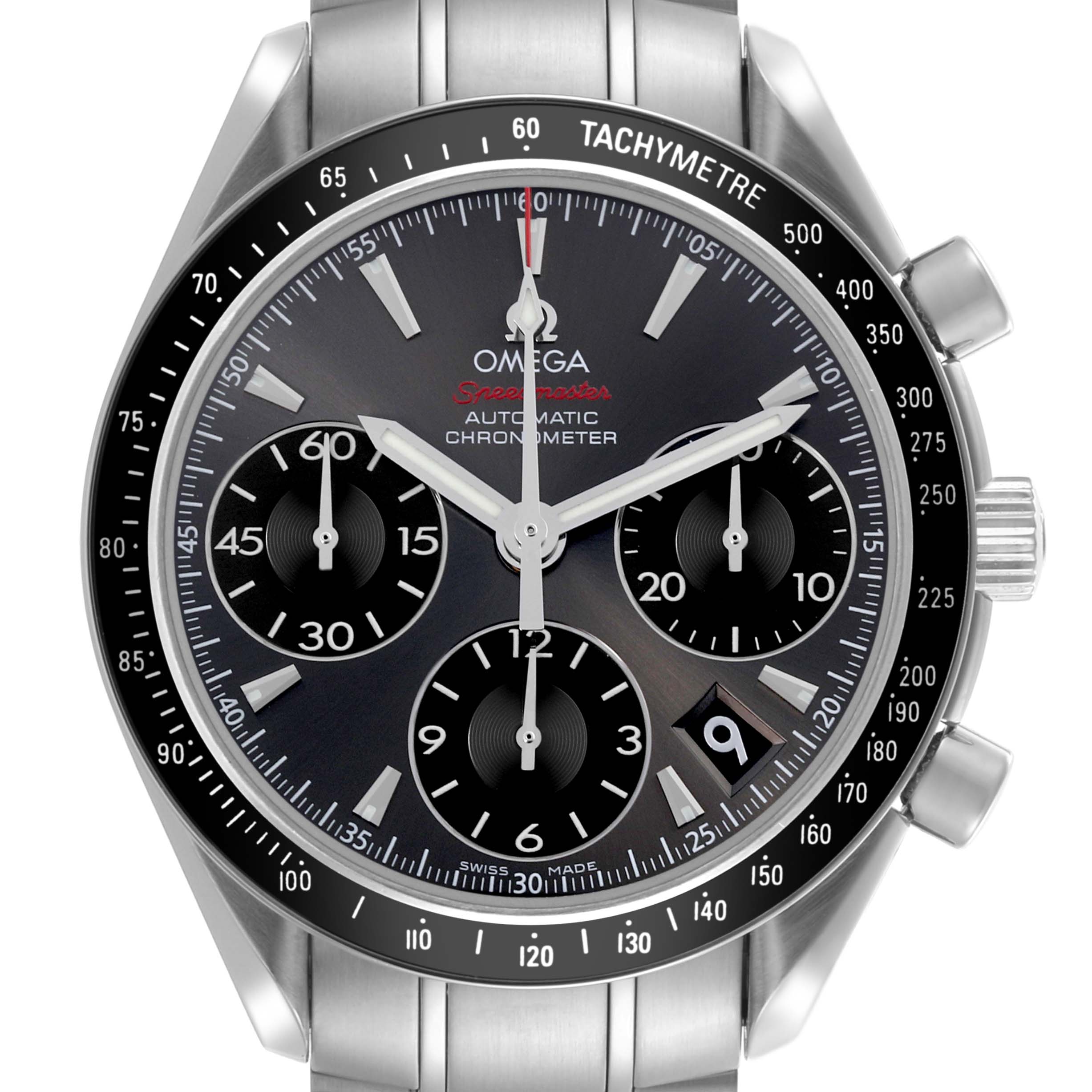The Omega Speedmaster 323.30.40.40.06.001 Men's Stainless Steel Grey Dial 323.30.40.40.06.001 Men's Stainless Steel Grey Dial is shown from a front angle, highlighting the dial, subdials, and tachymeter bezel.
