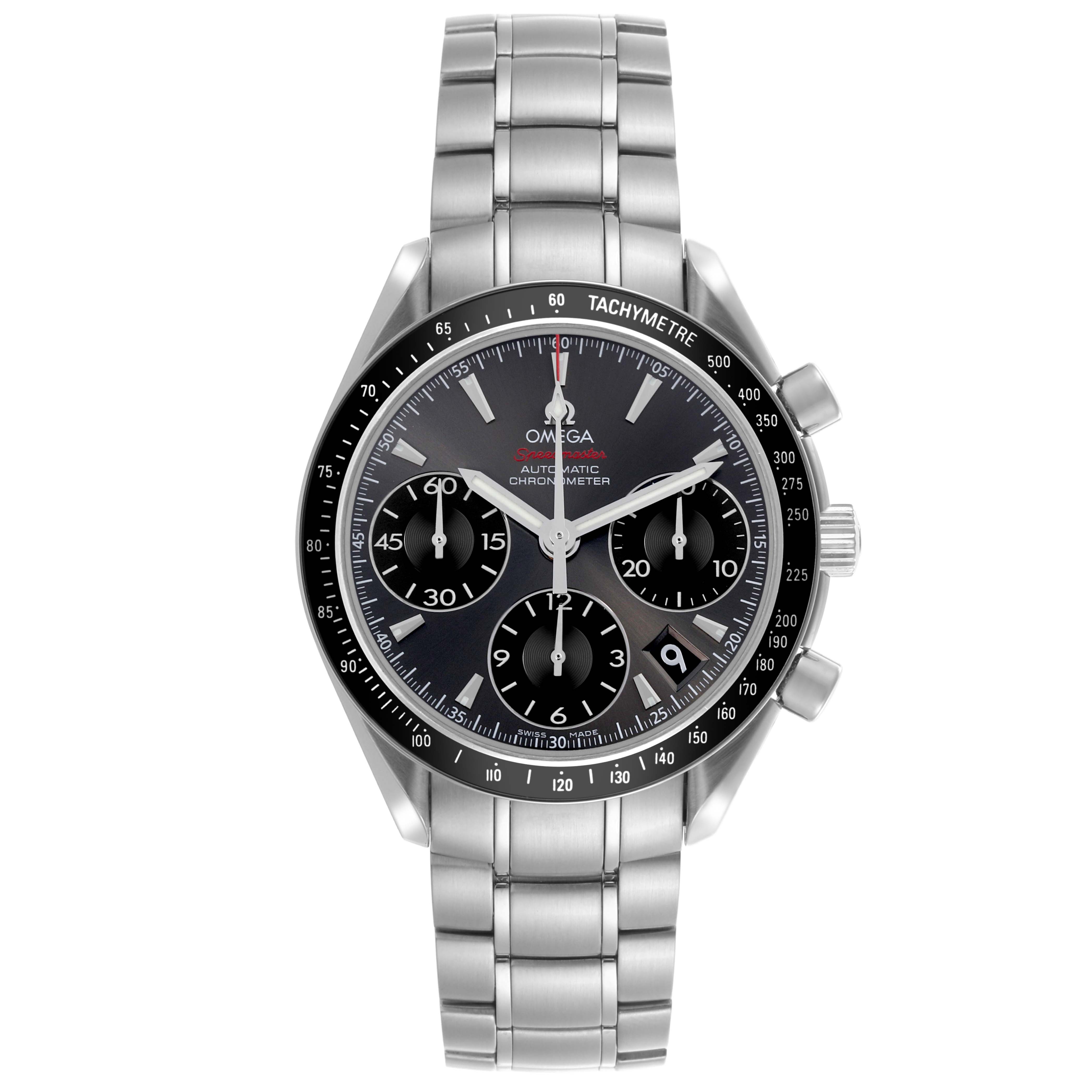 The Omega Speedmaster 323.30.40.40.06.001 Men's Stainless Steel Grey Dial 323.30.40.40.06.001 Men's Stainless Steel Grey Dial is shown from a front angle, highlighting the dial, bezel, and bracelet.