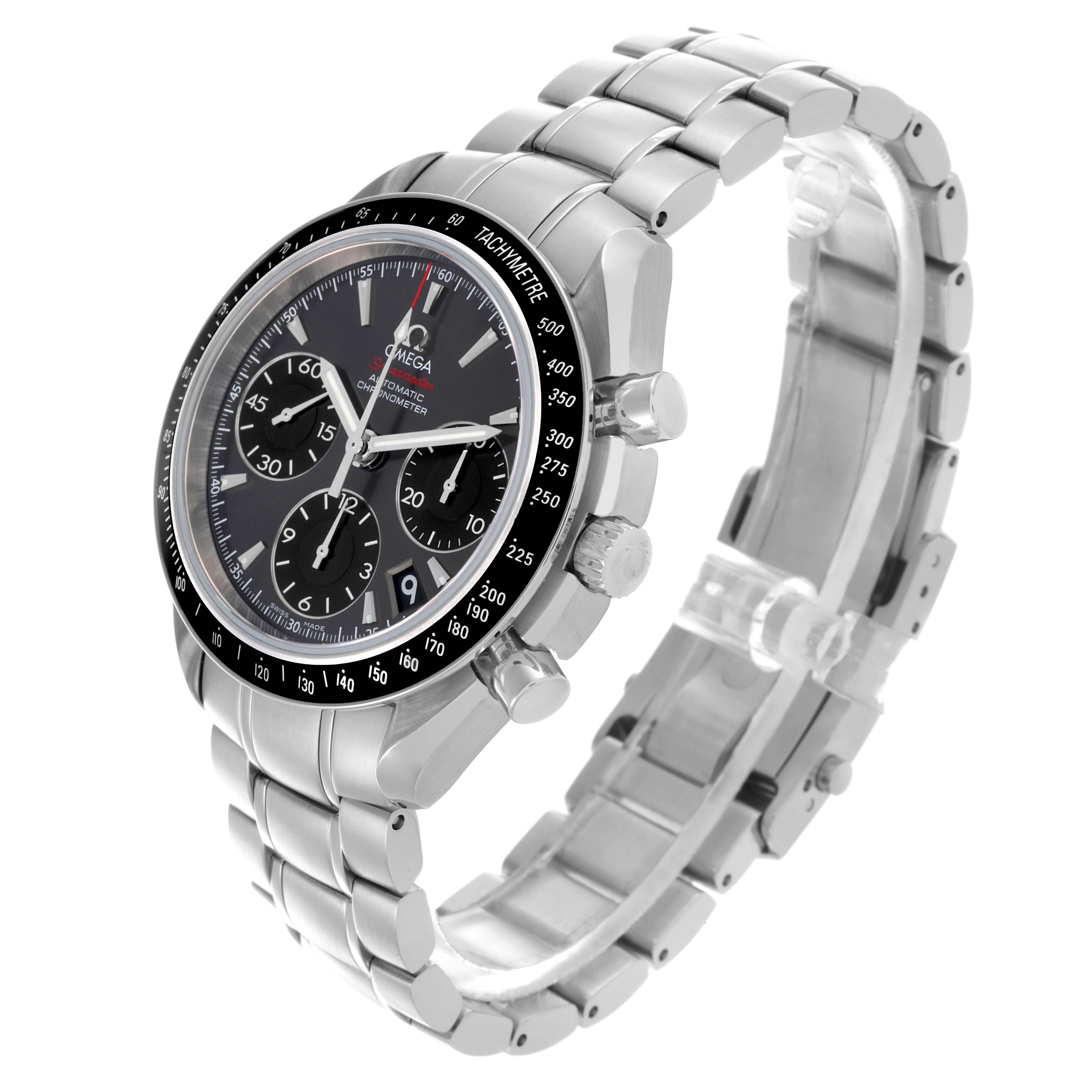 The Omega Speedmaster 323.30.40.40.06.001 Men's Stainless Steel Grey Dial 323.30.40.40.06.001 Men's Stainless Steel Grey Dial watch is shown at a three-quarter angle, highlighting the face, bezel, pushers, crown, and bracelet.