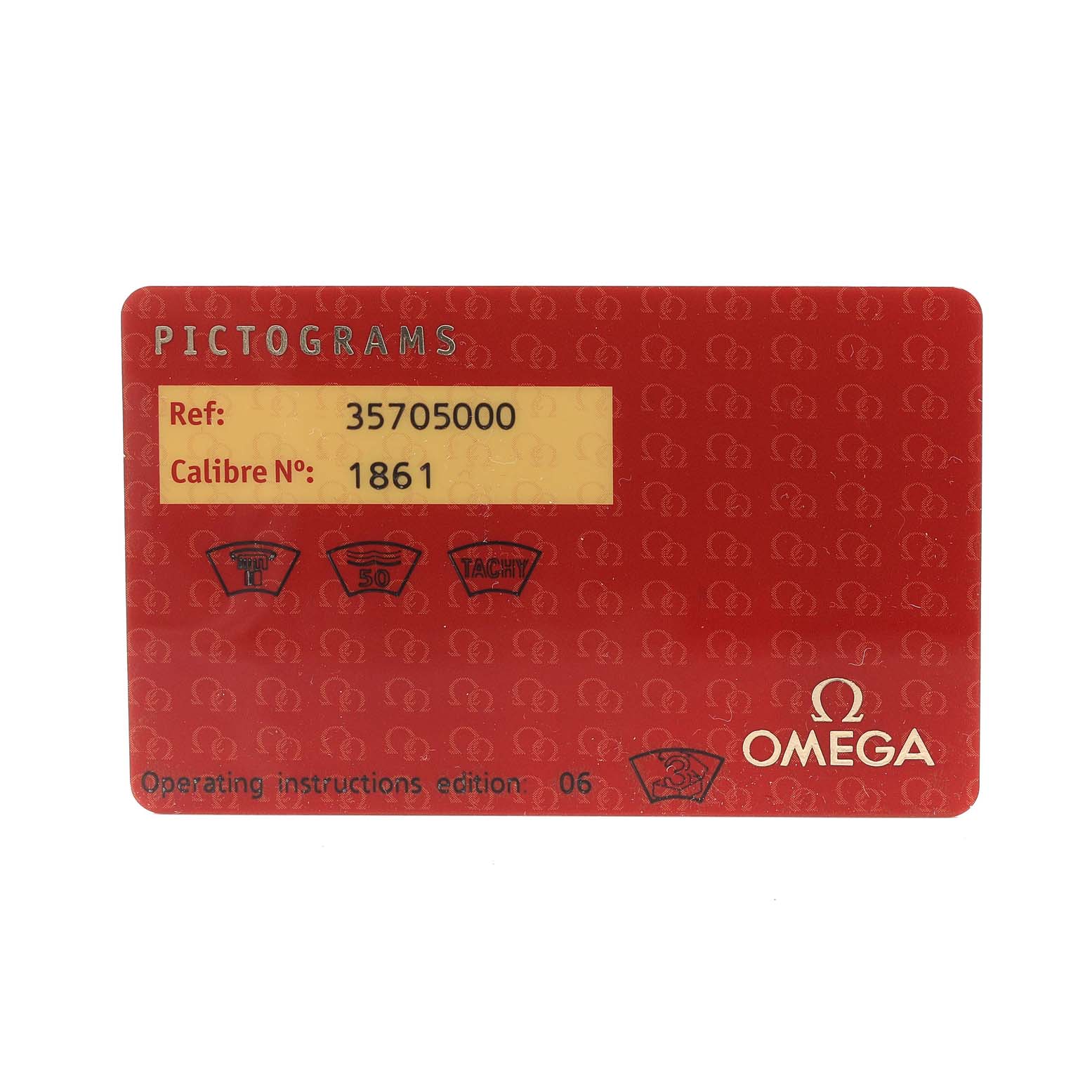 The image shows a red pictogram card for the Omega Speedmaster 3570.50.00 Men's Stainless Steel Black Dial 3570.50.00 Men's Stainless Steel Black Dial model, displaying reference number 35705000 and calibre number 1861.