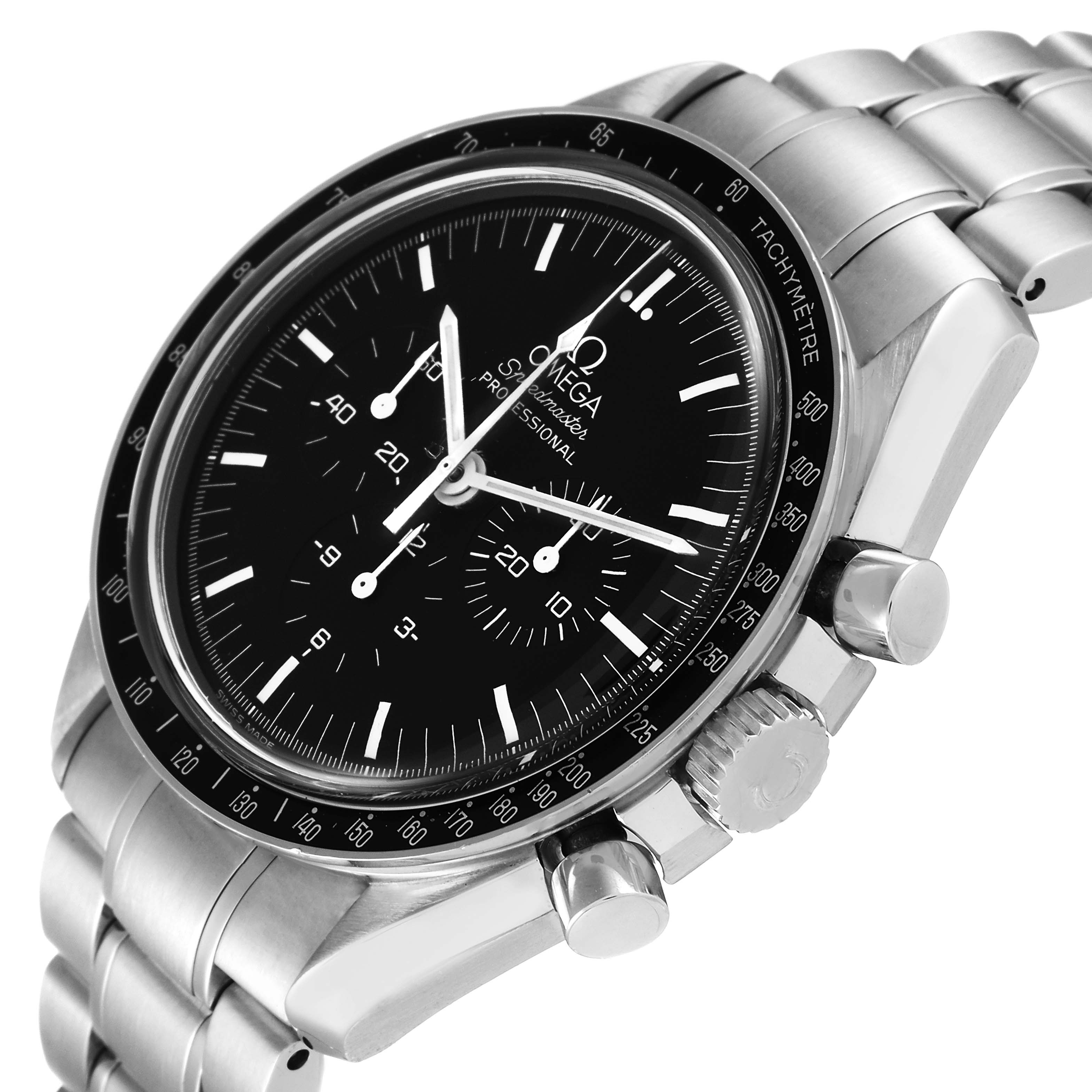 The Omega Speedmaster 3570.50.00 Men's Stainless Steel Black Dial 3570.50.00 Men's Stainless Steel Black Dial watch is shown at an angle, highlighting the face, bezel, crown, pushers, and stainless steel bracelet.