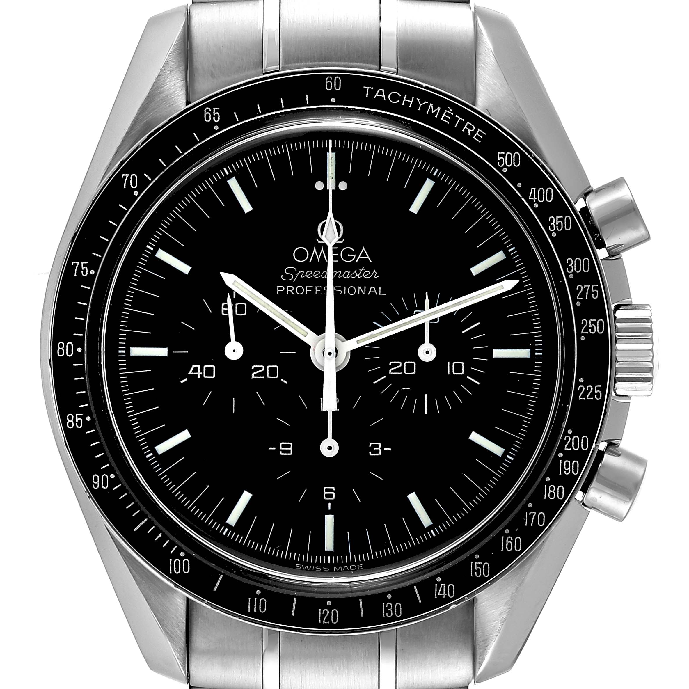 The image shows a front view of the Omega Speedmaster 3570.50.00 Men's Stainless Steel Black Dial 3570.50.00 Men's Stainless Steel Black Dial watch, displaying its black dial, indices, sub-dials, and tachymeter bezel.