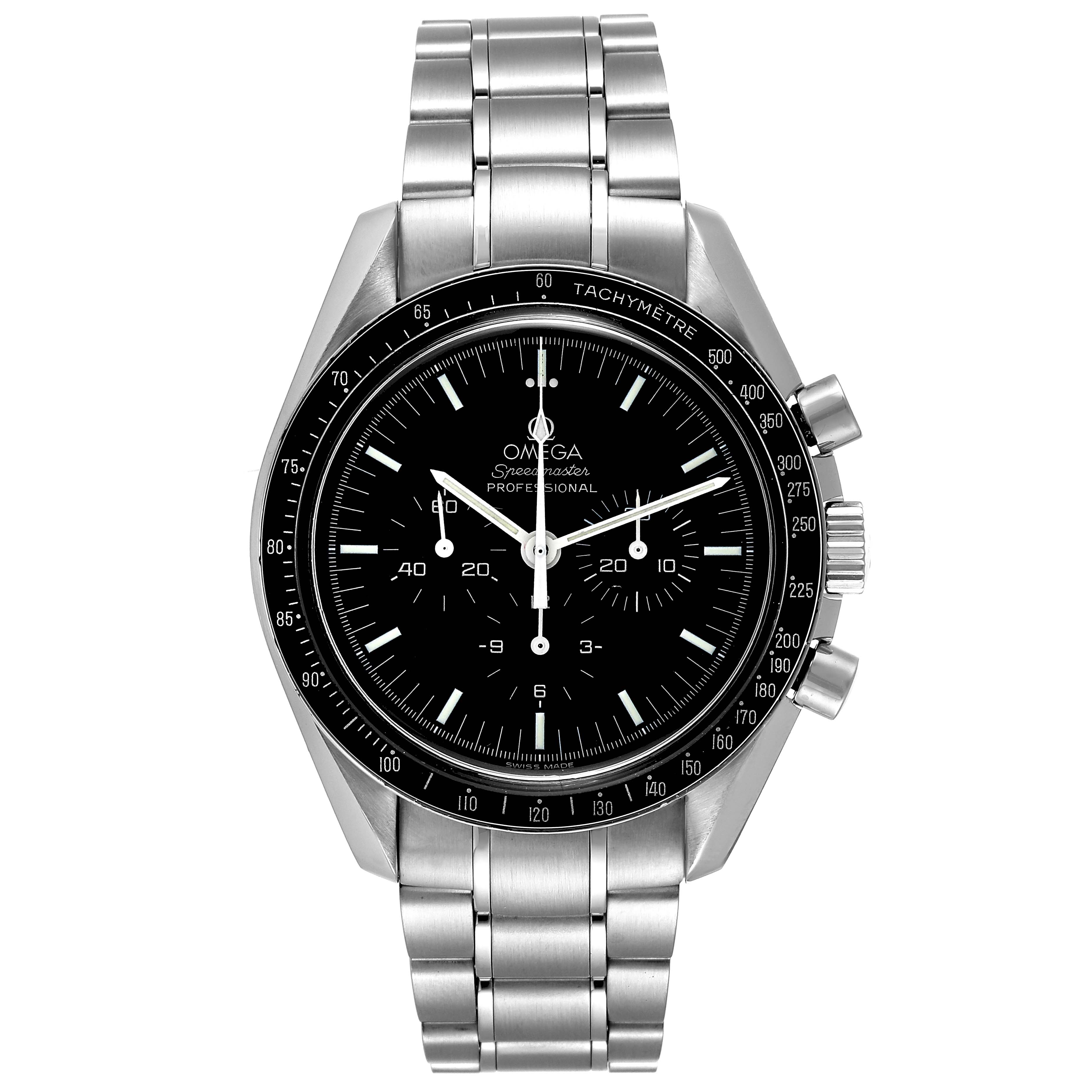 The image shows a front view of an Omega Speedmaster 3570.50.00 Men's Stainless Steel Black Dial 3570.50.00 Men's Stainless Steel Black Dial watch, highlighting its black dial, chronograph sub-dials, and stainless steel bracelet.