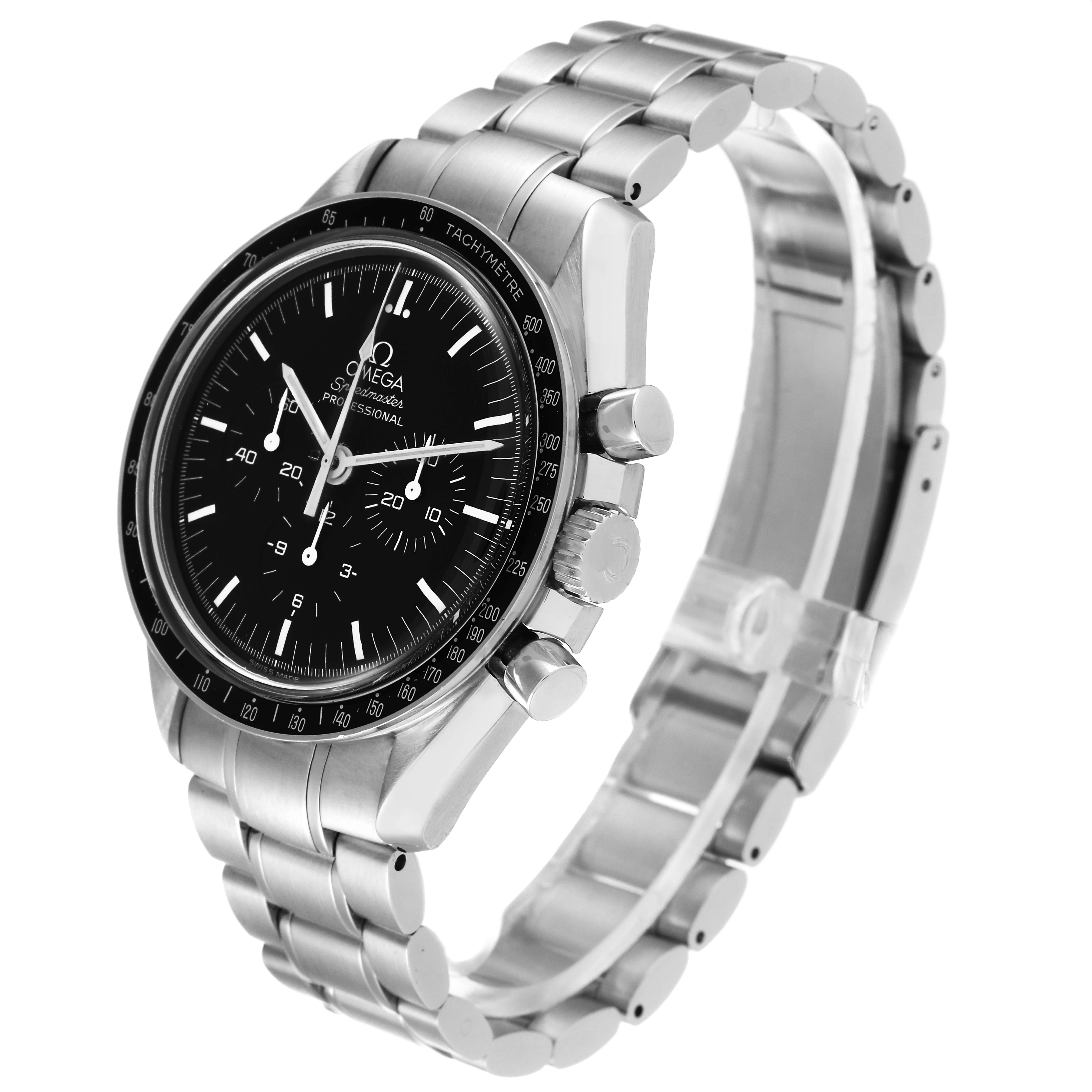 The Omega Speedmaster 3570.50.00 Men's Stainless Steel Black Dial 3570.50.00 Men's Stainless Steel Black Dial watch is shown at an angle displaying its face, bezel, crown, pushers, and stainless steel bracelet.