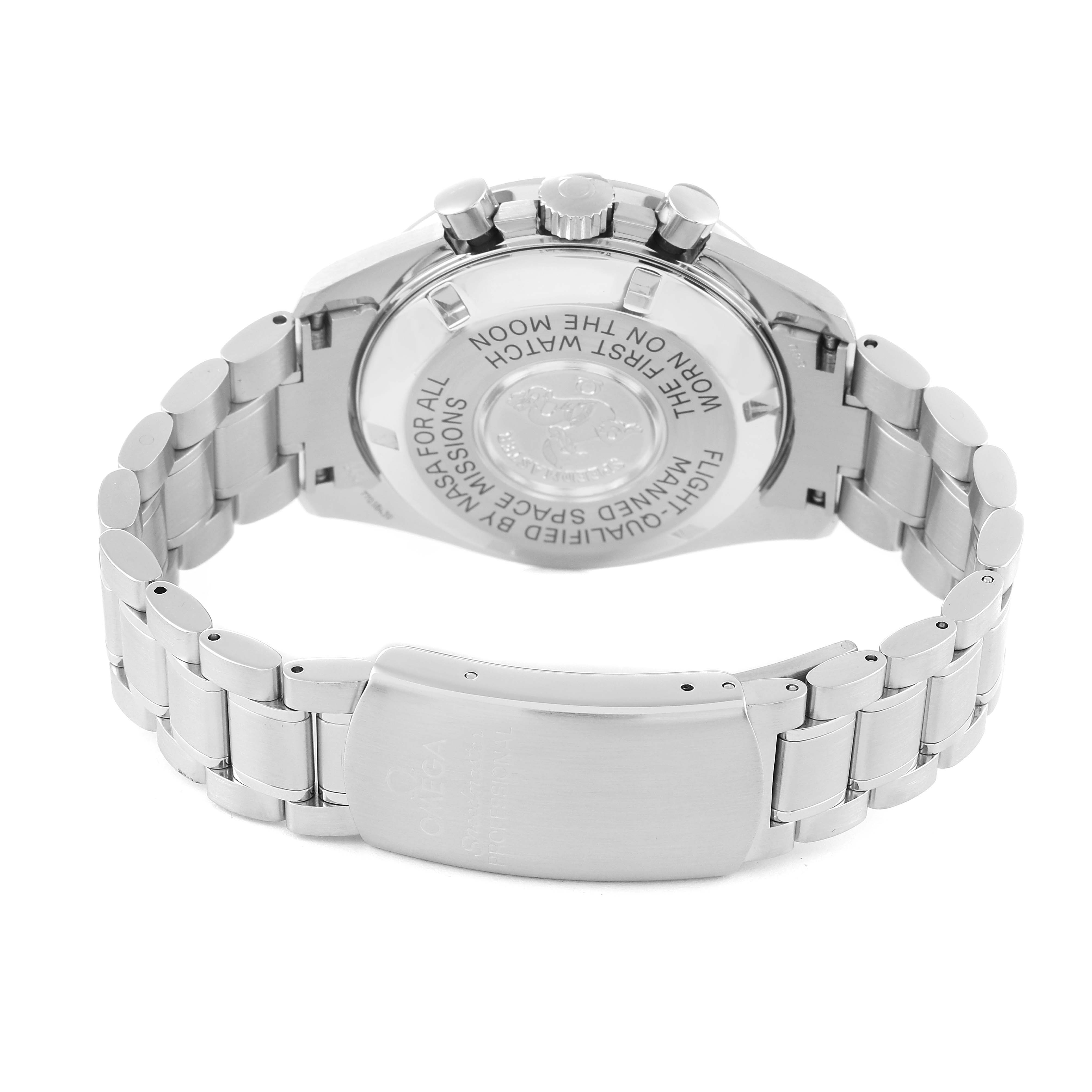 The image shows the back view of an Omega Speedmaster 3570.50.00 Men's Stainless Steel Black Dial 3570.50.00 Men's Stainless Steel Black Dial watch, highlighting the case back, bracelet, and clasp.