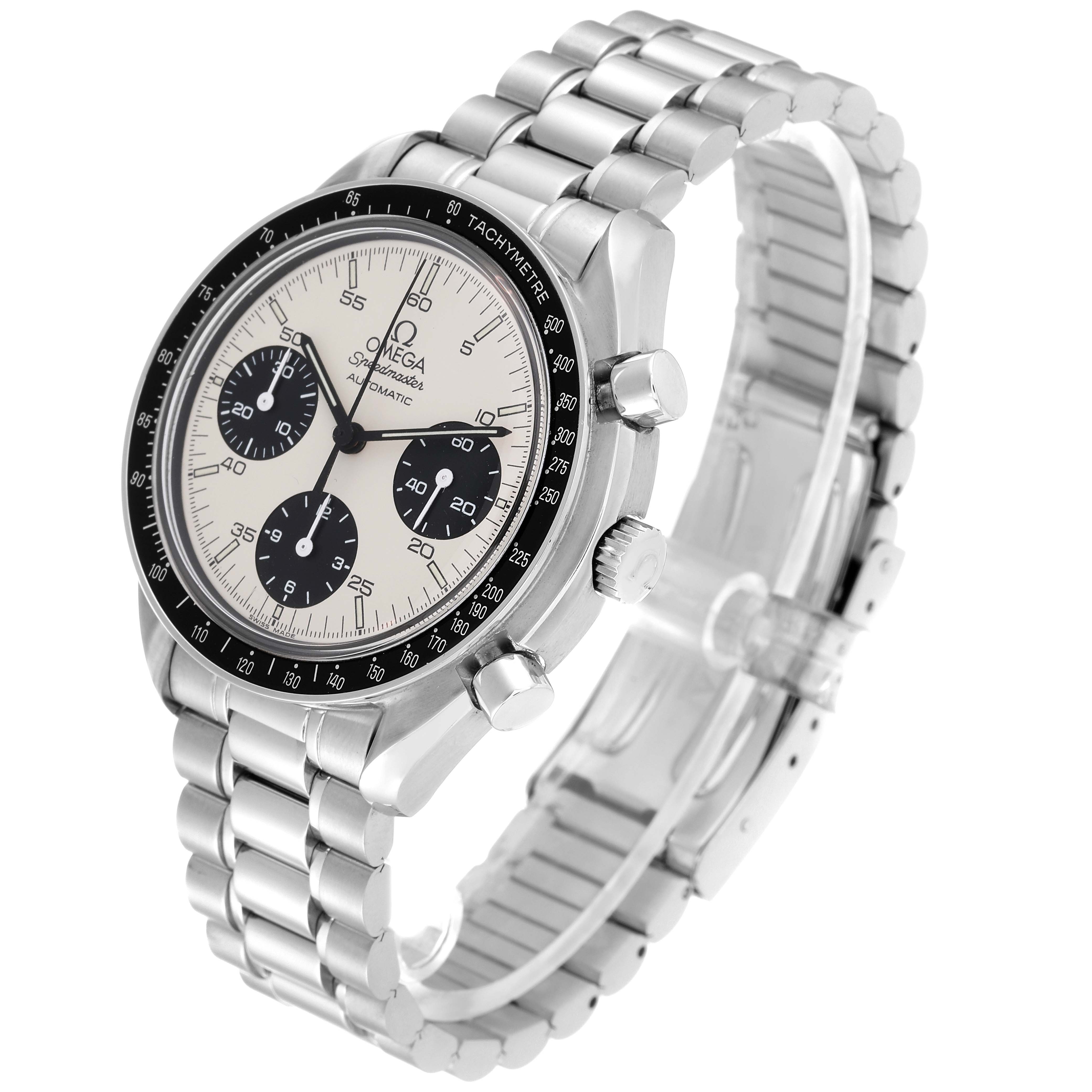 The image shows a side angle view of the Omega Speedmaster 3510.21.00 Men's Stainless Steel Silver Dial 3510.21.00 Men's Stainless Steel Silver Dial watch, highlighting the dial, bezel, pushers, crown, and metal bracelet.