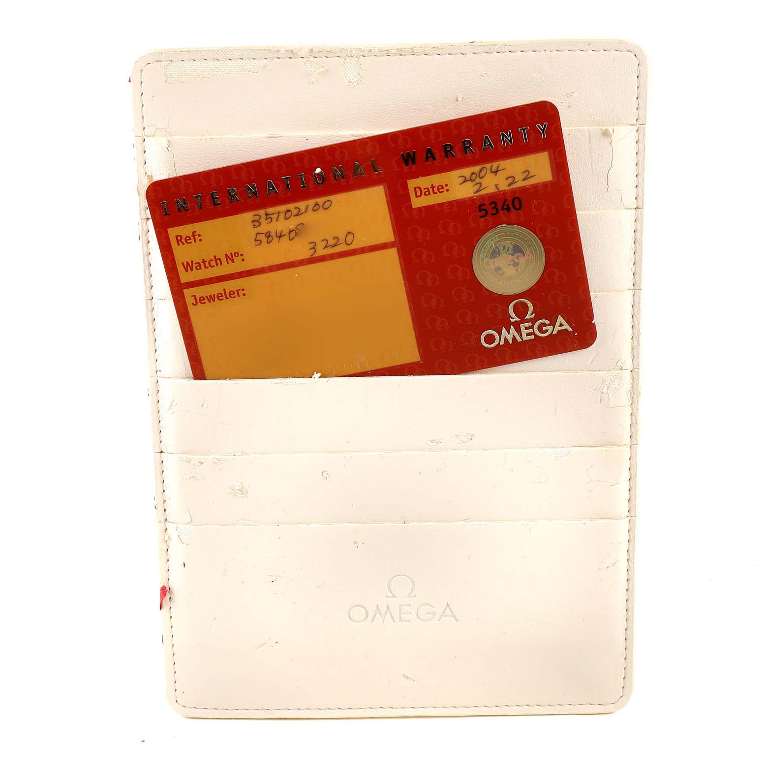 The image shows an Omega Speedmaster 3510.21.00 Men's Stainless Steel Silver Dial 3510.21.00 Men's Stainless Steel Silver Dial warranty card in a white Omega-branded holder.