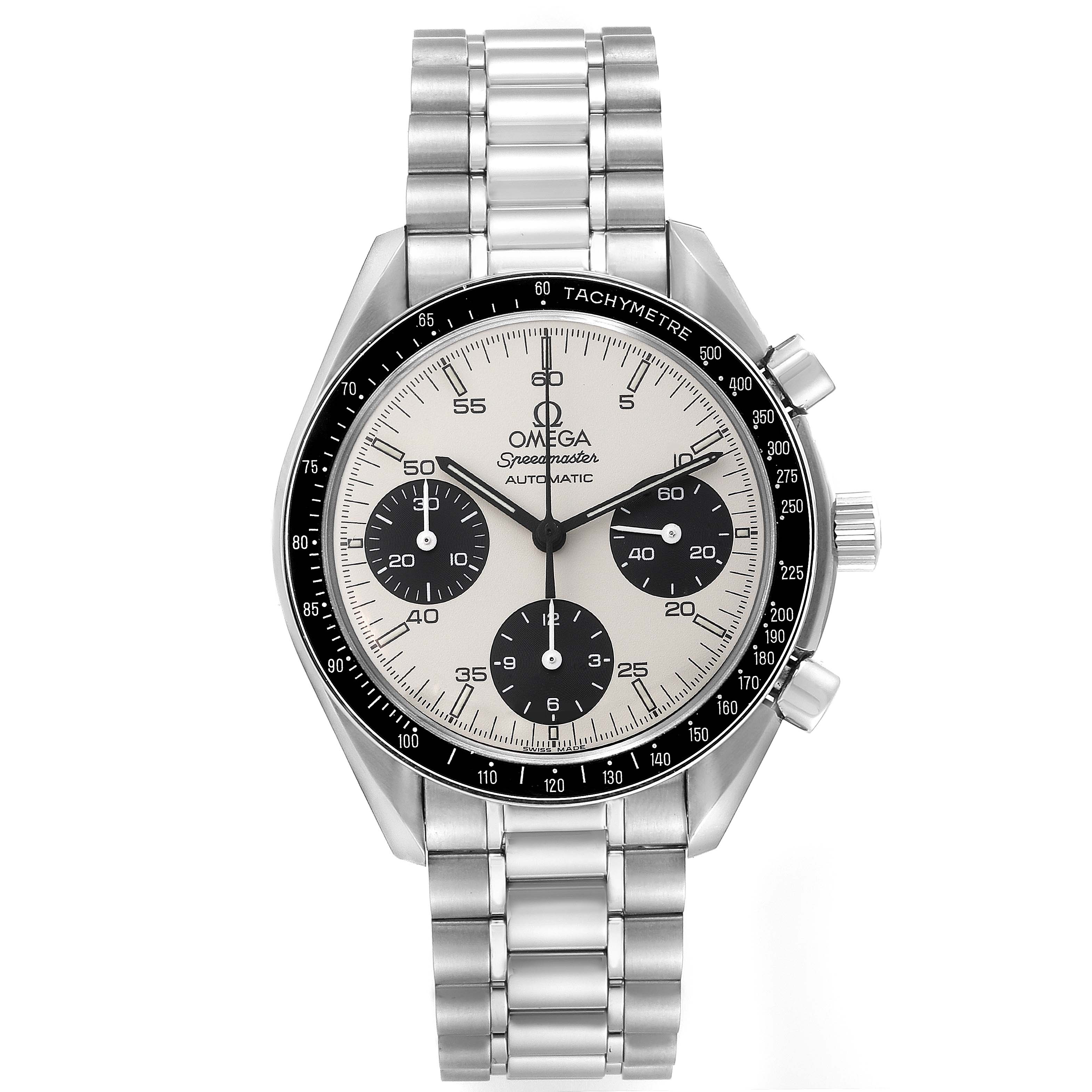 The image shows a frontal view of an Omega Speedmaster 3510.21.00 Men's Stainless Steel Silver Dial 3510.21.00 Men's Stainless Steel Silver Dial watch, highlighting its dial, subdials, bezel, and metal bracelet.