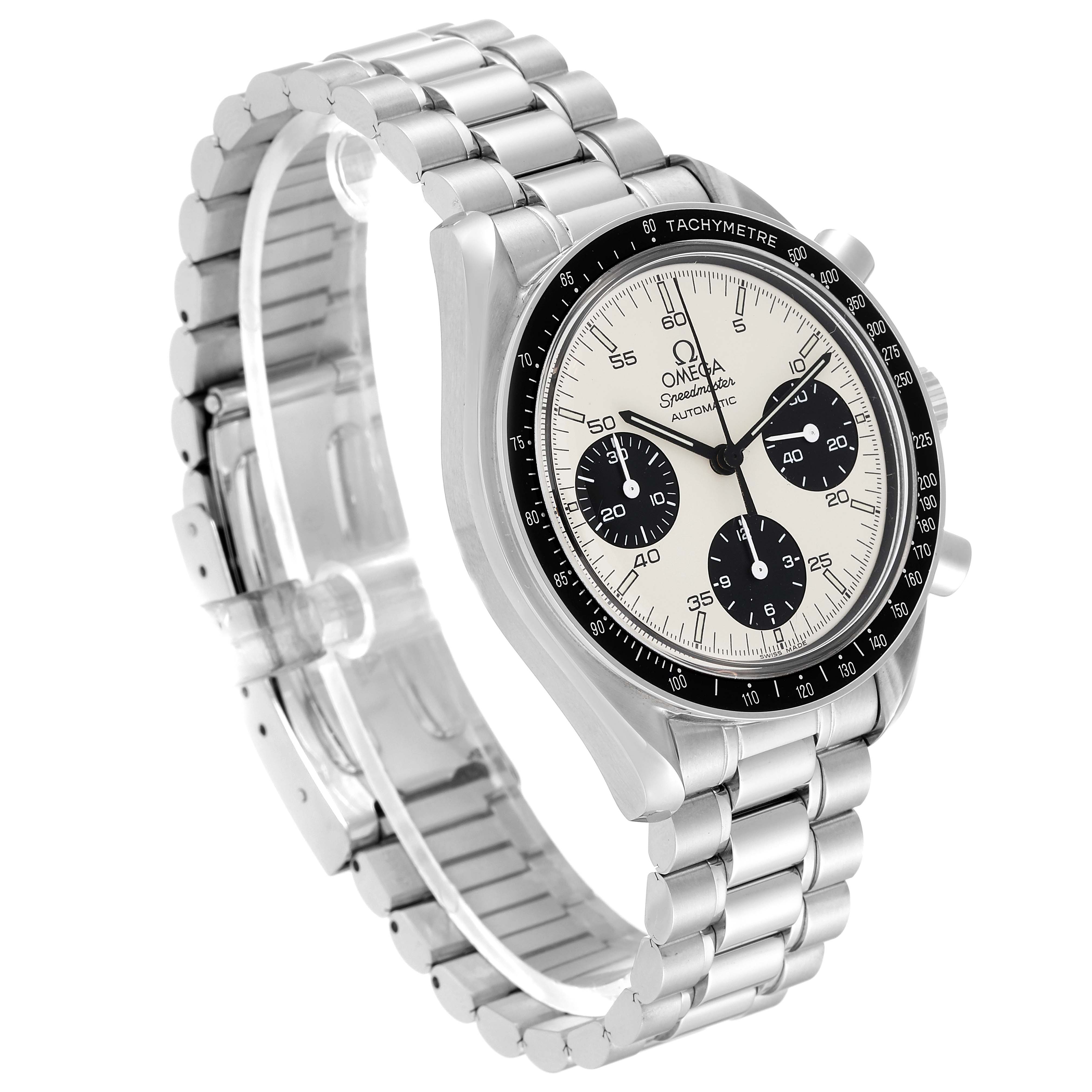 This Omega Speedmaster 3510.21.00 Men's Stainless Steel Silver Dial 3510.21.00 Men's Stainless Steel Silver Dial watch is shown at an angle highlighting the face, bezel, and stainless steel bracelet.