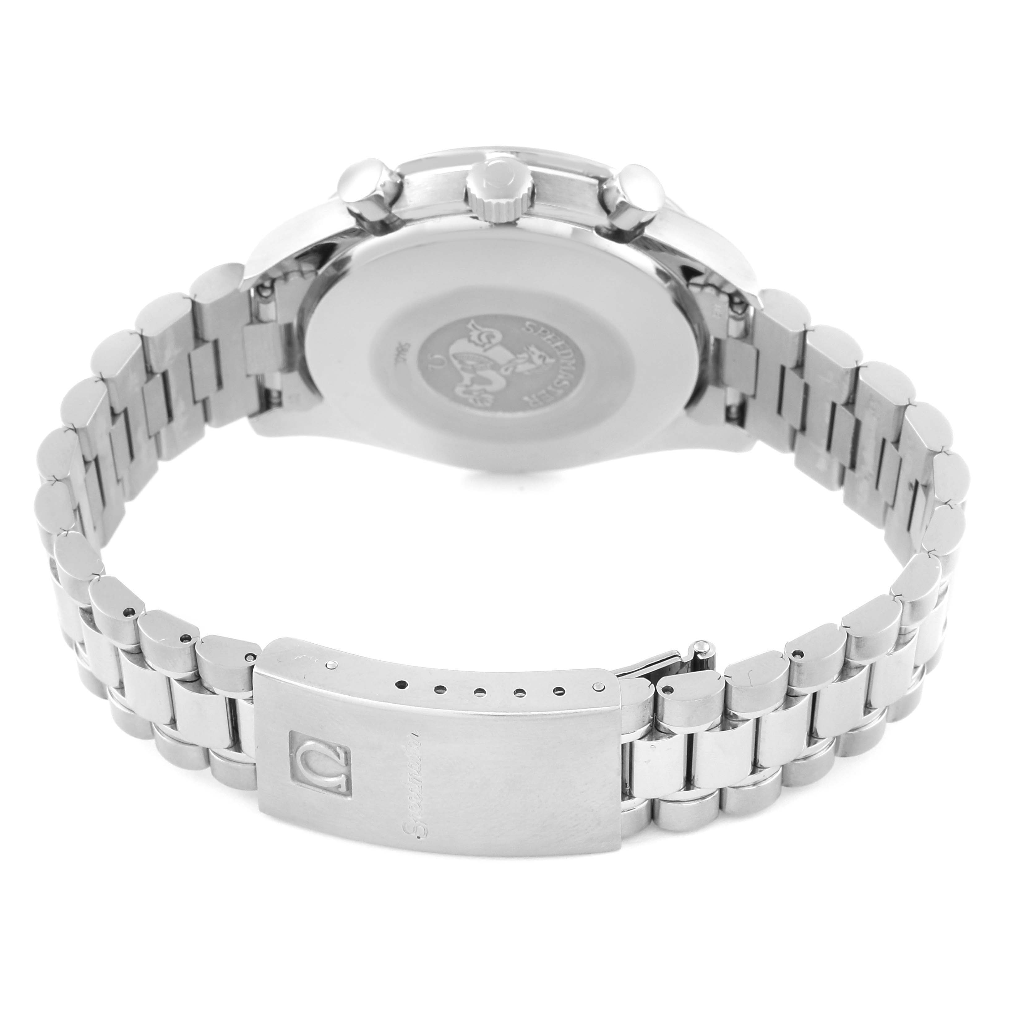 The image shows the stainless steel band, clasp, and back case of an Omega Speedmaster 3510.21.00 Men's Stainless Steel Silver Dial 3510.21.00 Men's Stainless Steel Silver Dial watch from a rear angle.