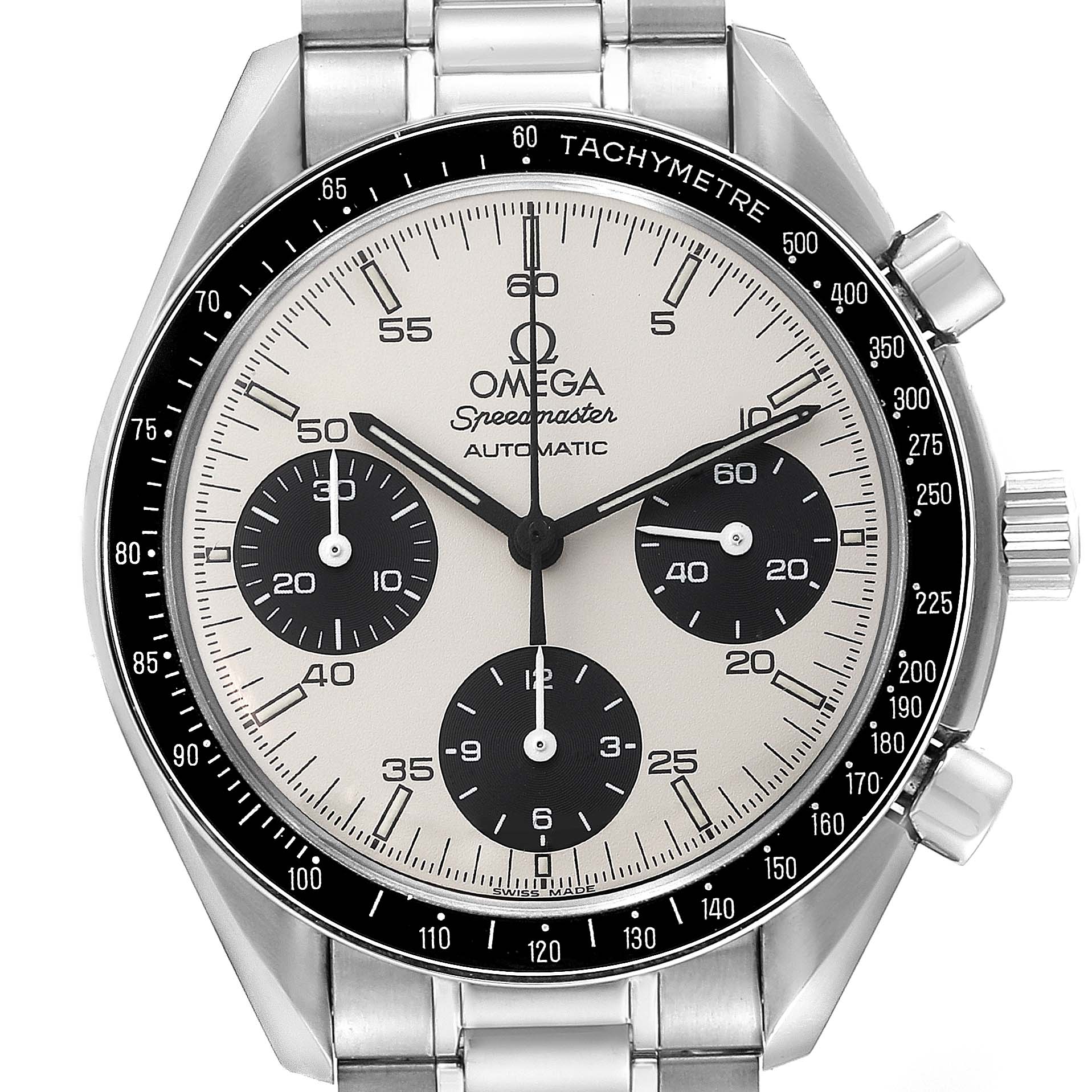 The image shows the front view of an Omega Speedmaster 3510.21.00 Men's Stainless Steel Silver Dial 3510.21.00 Men's Stainless Steel Silver Dial watch, highlighting its dial, tachymeter, subdials, and stainless steel bracelet.