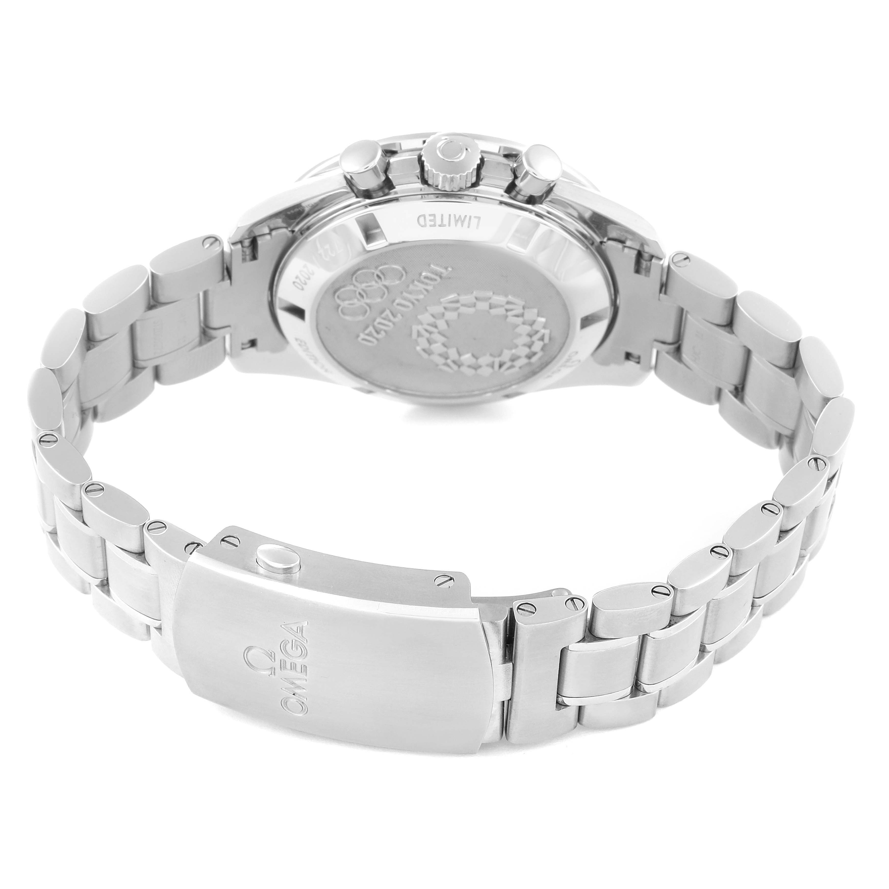 The image shows the back and bracelet of the Omega Speedmaster 522.30.42.30.06.001 Men's Stainless Steel Silver Dial 522.30.42.30.06.001 Men's Stainless Steel Silver Dial watch, highlighting the clasp and case back.