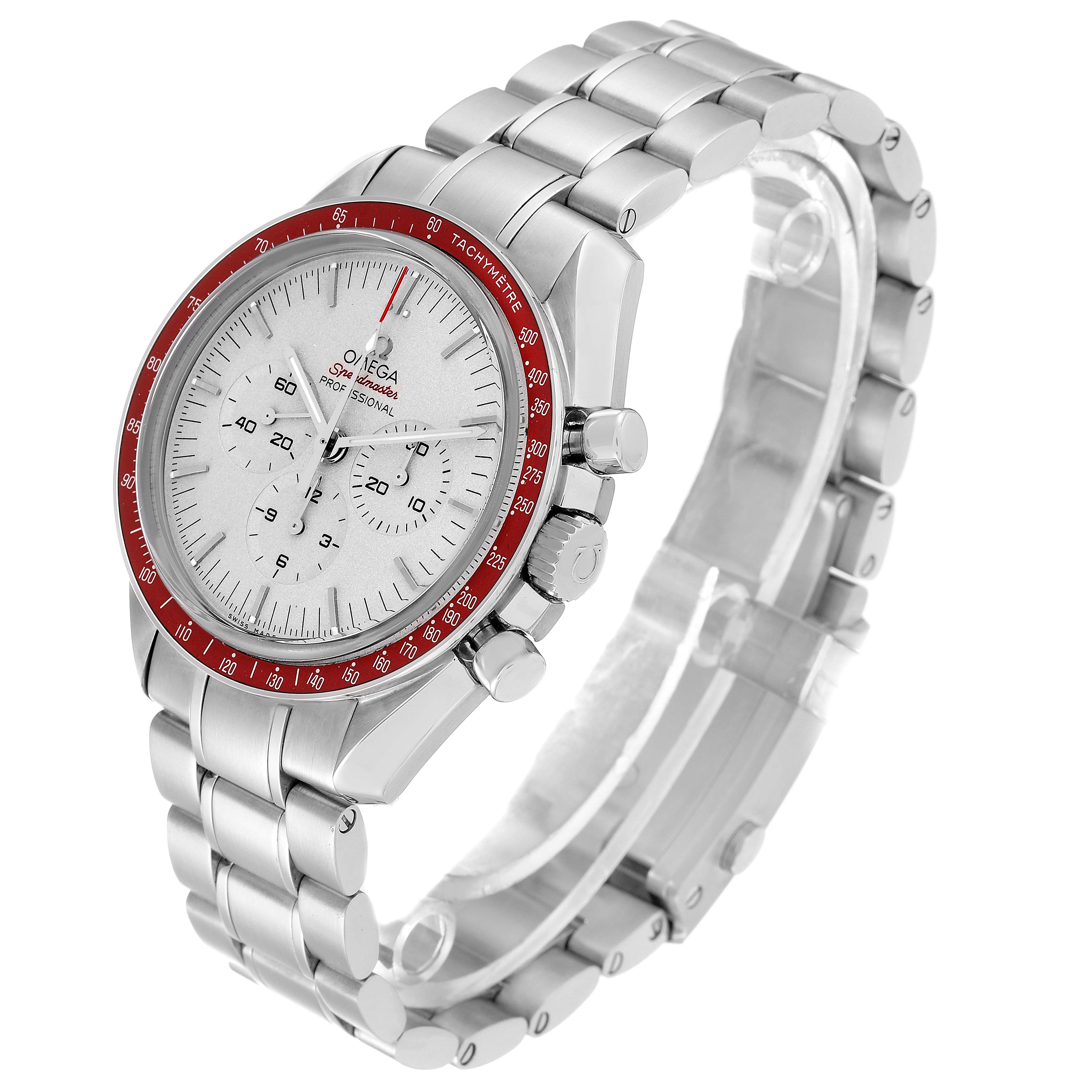 The Omega Speedmaster 522.30.42.30.06.001 Men's Stainless Steel Silver Dial 522.30.42.30.06.001 Men's Stainless Steel Silver Dial watch is shown from an angled view, highlighting its face, tachymeter bezel, bracelet, and side pushers.