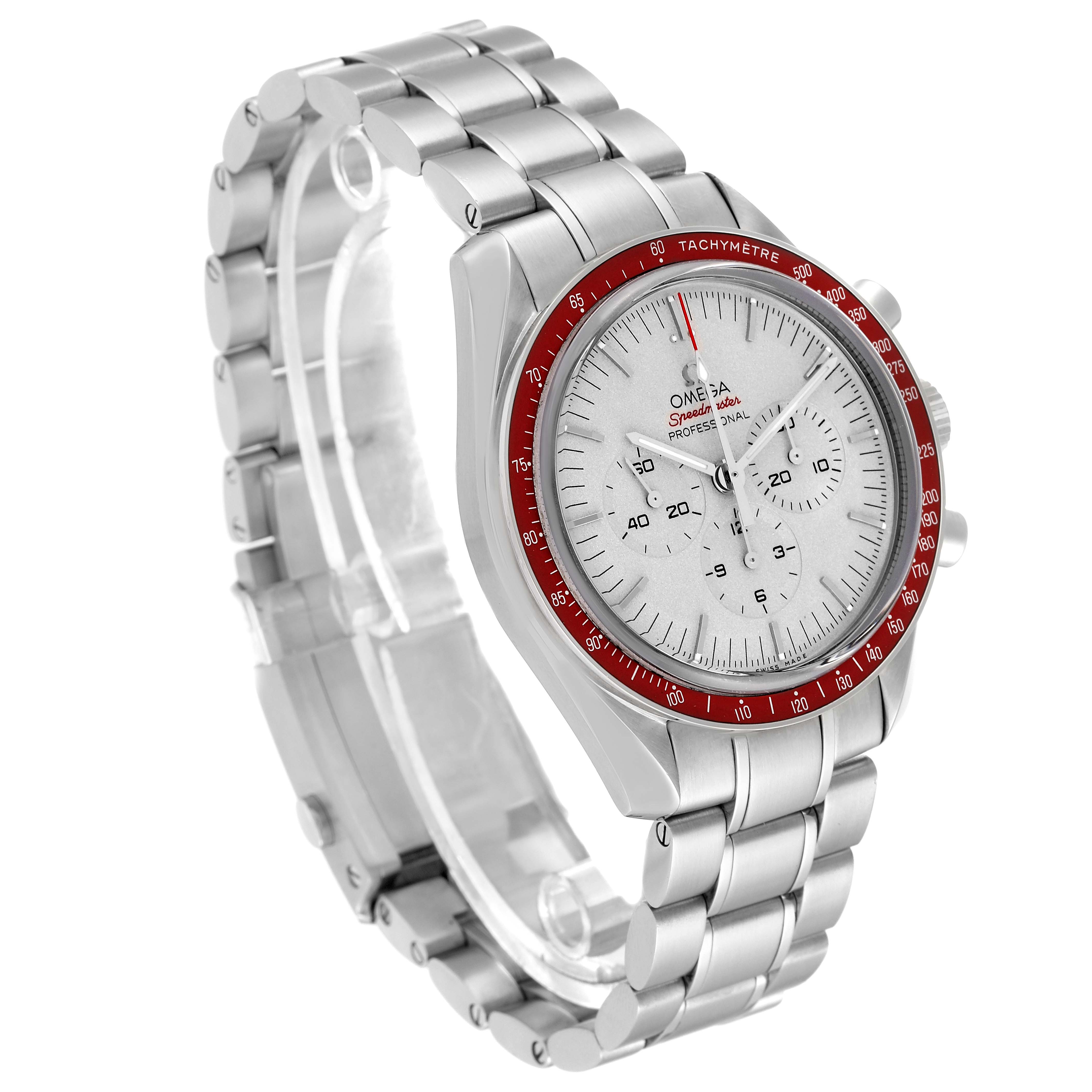 The image shows an Omega Speedmaster 522.30.42.30.06.001 Men's Stainless Steel Silver Dial 522.30.42.30.06.001 Men's Stainless Steel Silver Dial watch at a three-quarter angle, highlighting its red bezel, dial, and metal bracelet.