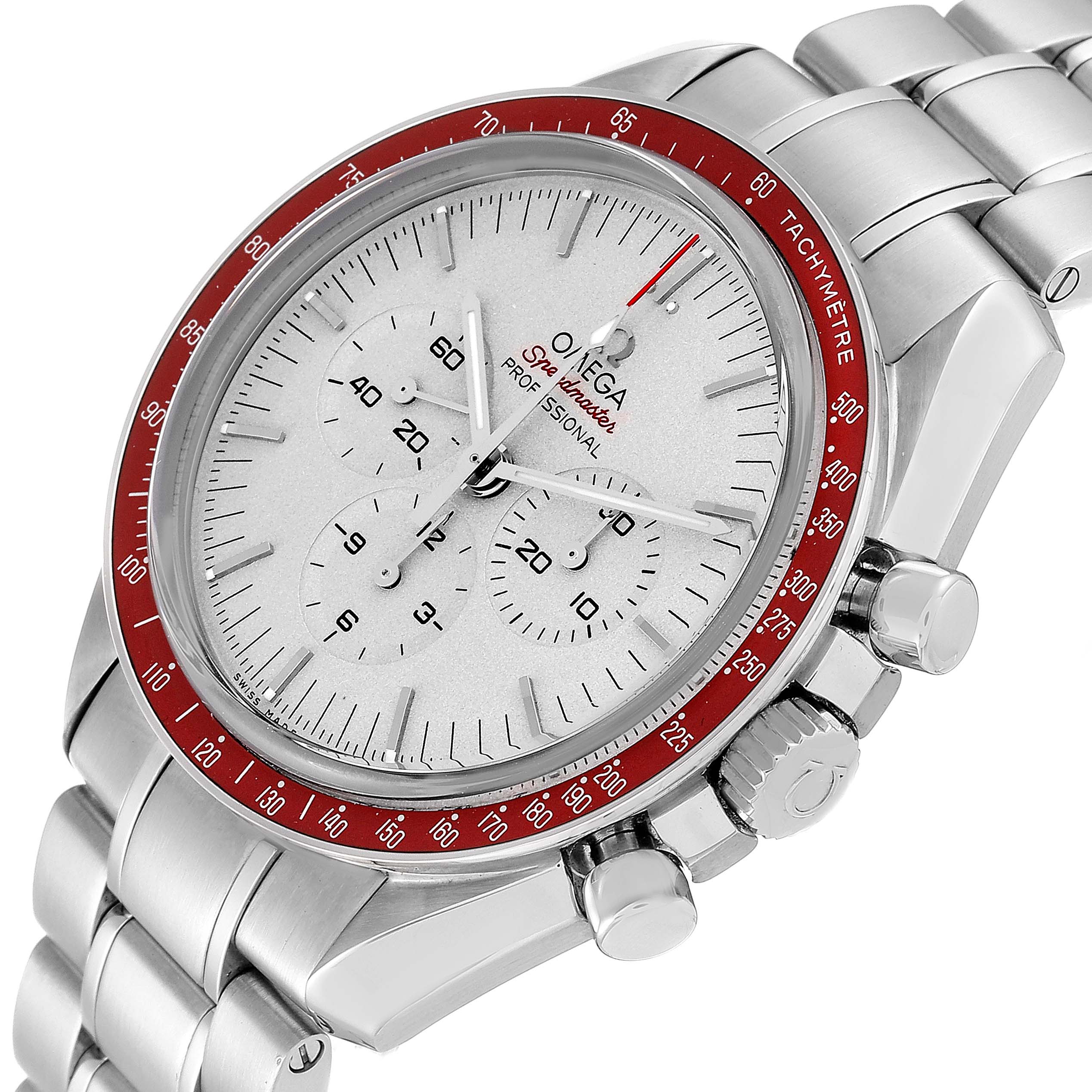 The image shows an Omega Speedmaster 522.30.42.30.06.001 Men's Stainless Steel Silver Dial 522.30.42.30.06.001 Men's Stainless Steel Silver Dial watch from a front angle, highlighting its face, bezel, chronograph subdials, crown, and pushers.