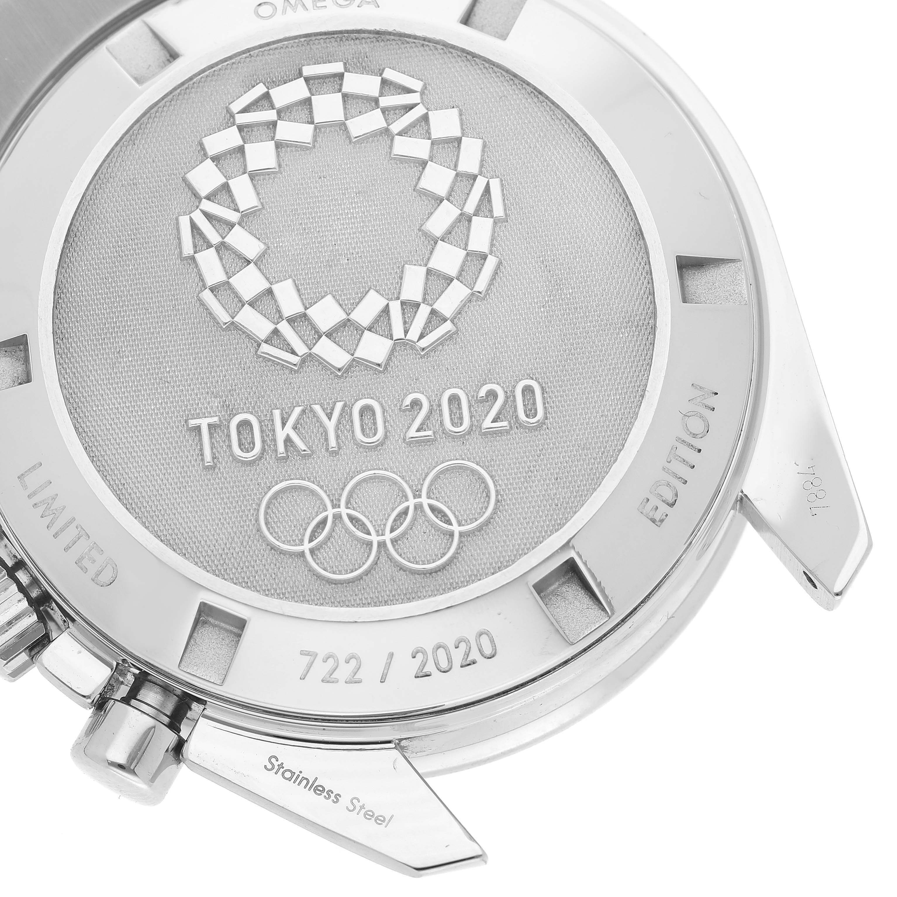The image shows the back of the Omega Speedmaster 522.30.42.30.06.001 Men's Stainless Steel Silver Dial 522.30.42.30.06.001 Men's Stainless Steel Silver Dial watch featuring the "Tokyo 2020" Olympics limited edition engraving.