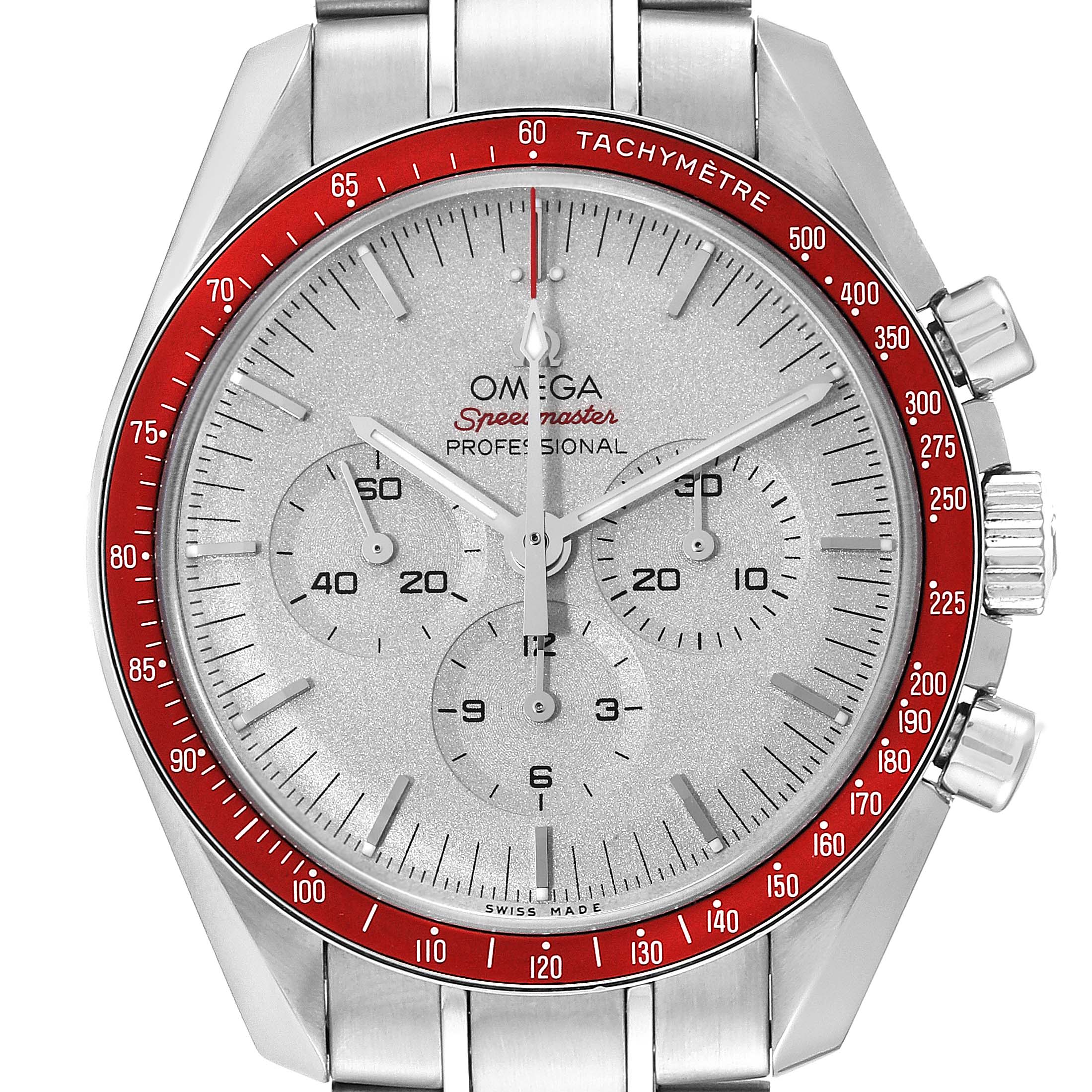 This image shows a close-up front view of the Omega Speedmaster 522.30.42.30.06.001 Men's Stainless Steel Silver Dial 522.30.42.30.06.001 Men's Stainless Steel Silver Dial watch, highlighting the dial and bezel.