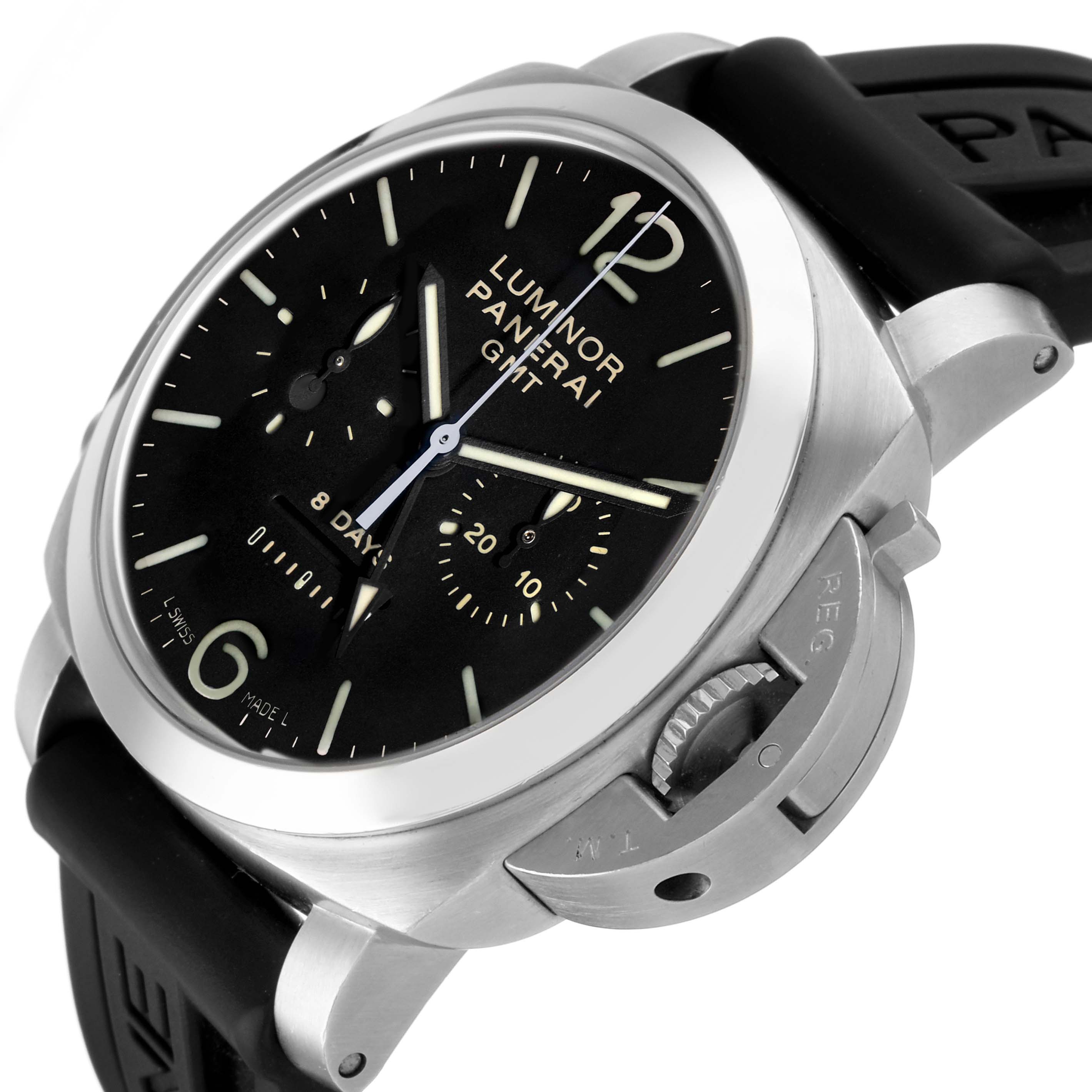 The image shows a Panerai Luminor PAM00275 Men's Stainless Steel Black Dial watch at a three-quarter angle, highlighting the dial, crown guard, and strap attachment.