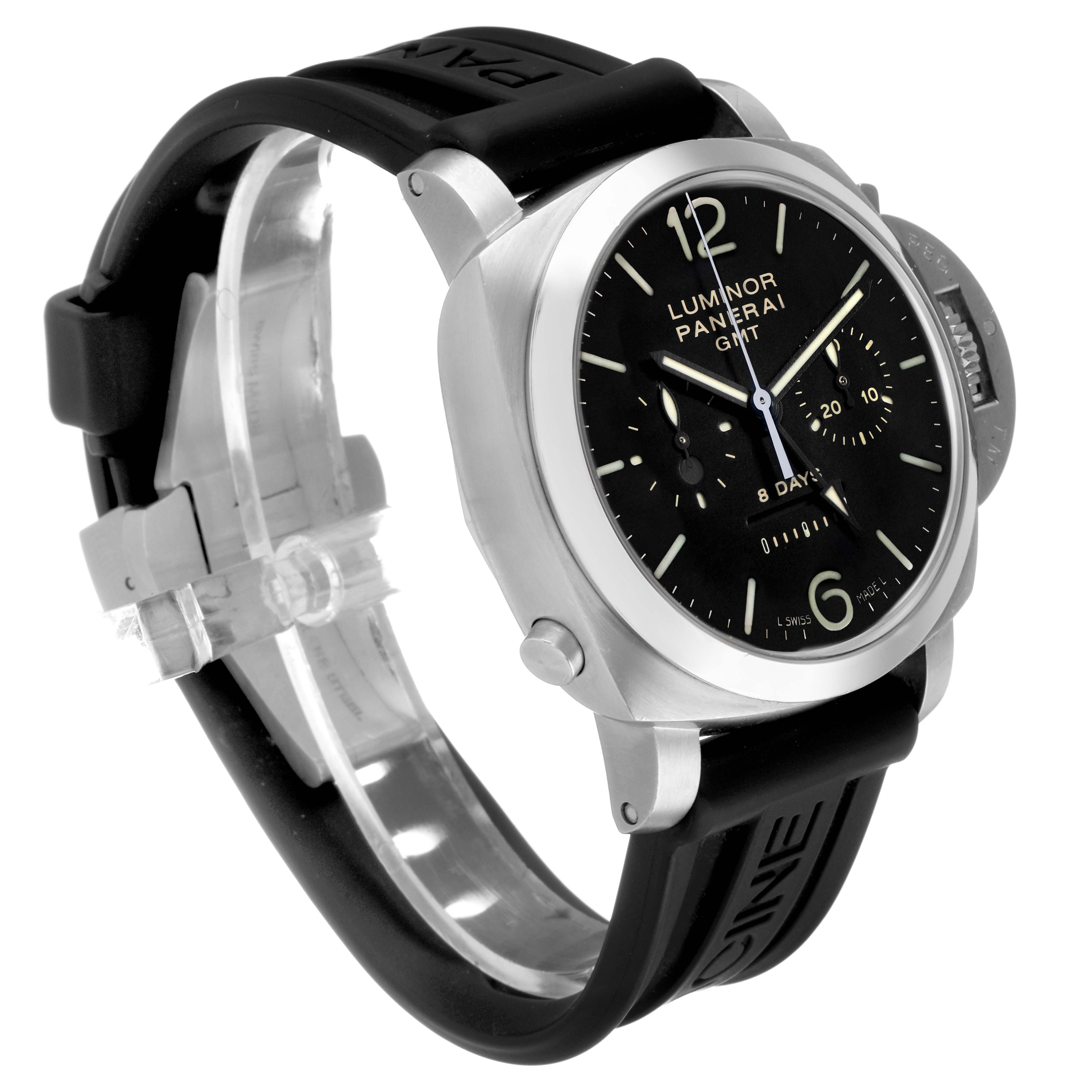 The Panerai Luminor PAM00275 Men's Stainless Steel Black Dial model is shown from a three-quarter angle, displaying the face, case, and strap details.