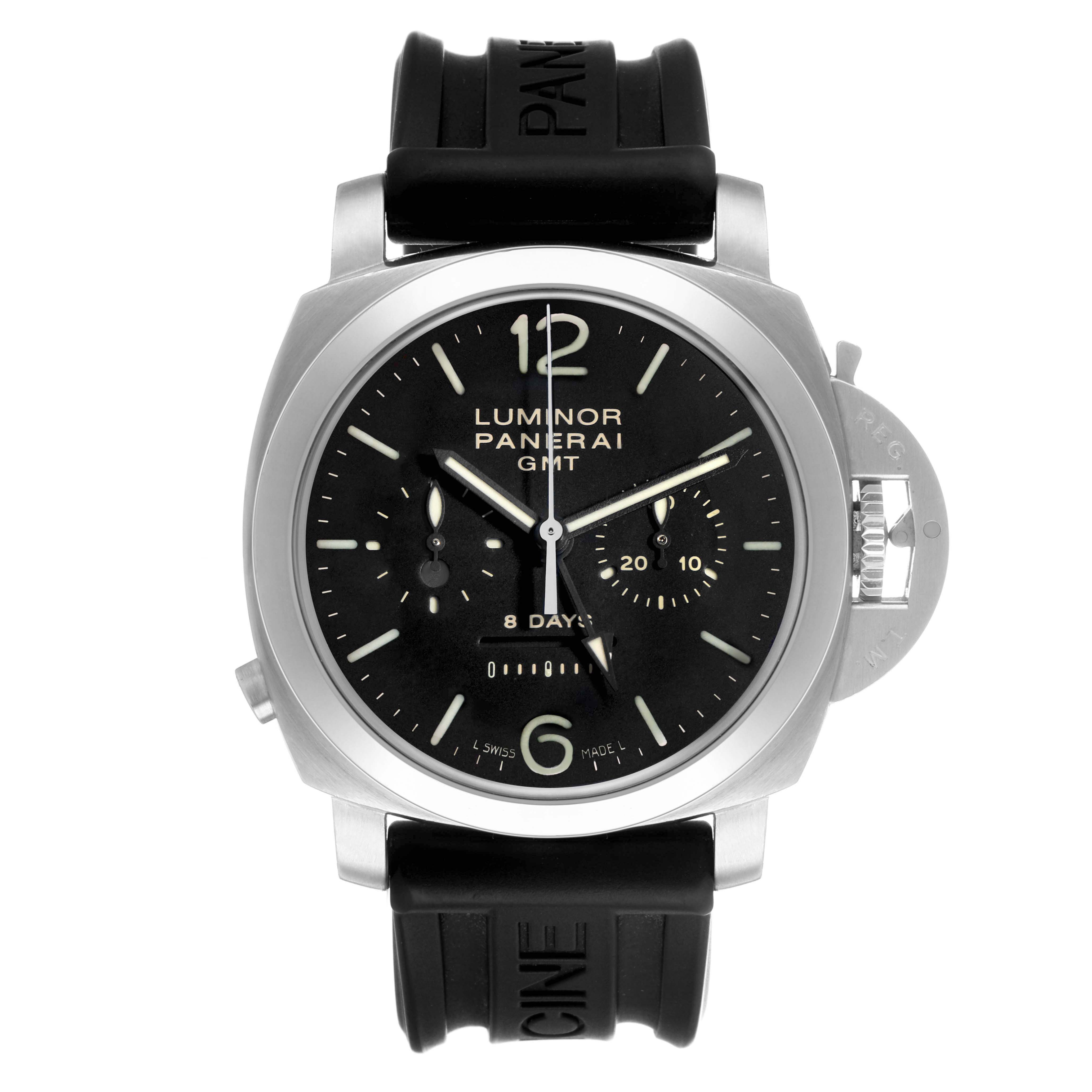 The Panerai Luminor PAM00275 Men's Stainless Steel Black Dial watch is shown from a front angle, displaying the dial, case, and part of the strap.