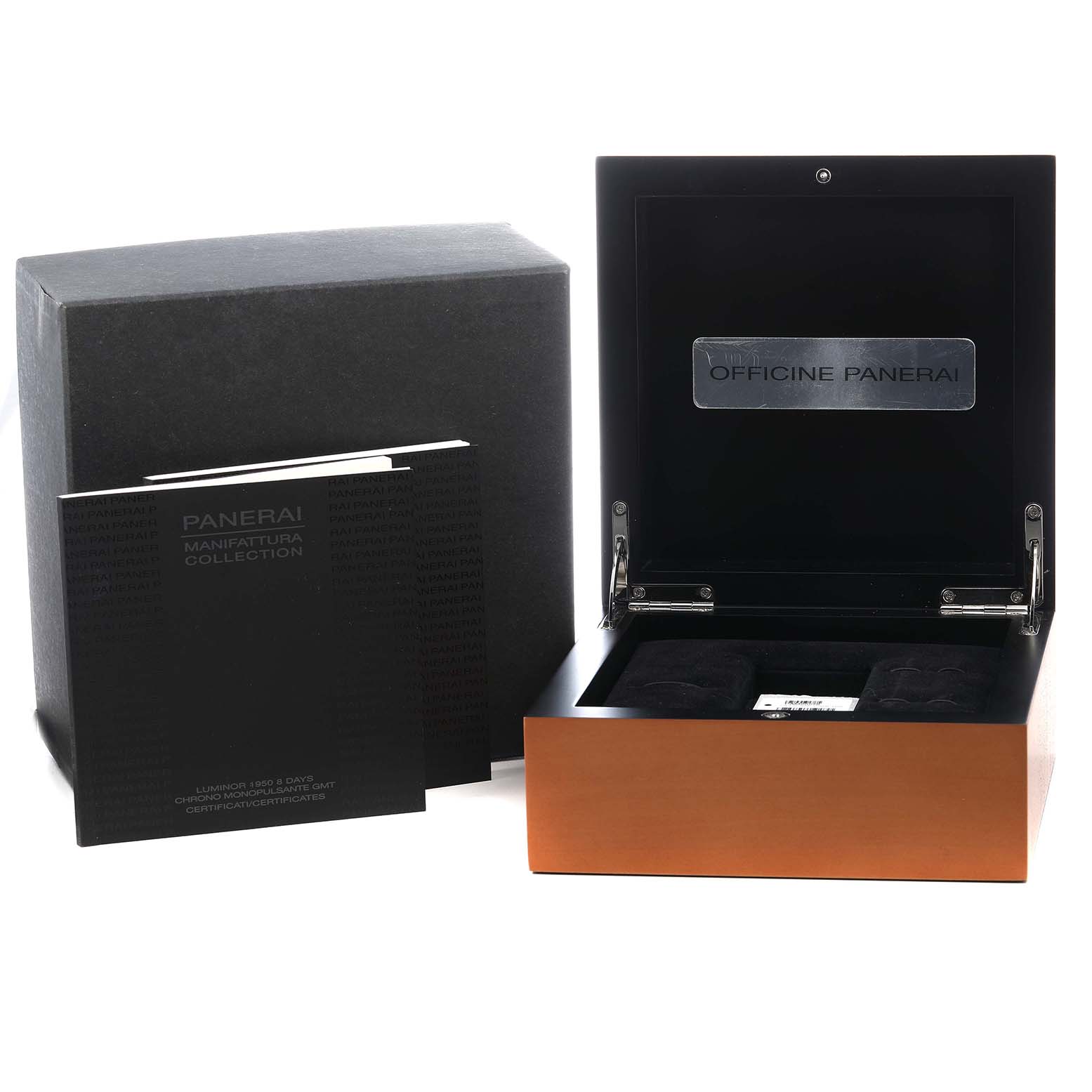 The image shows a Panerai Luminor PAM00275 Men's Stainless Steel Black Dial watch box set with an open wooden box and a booklet next to it.