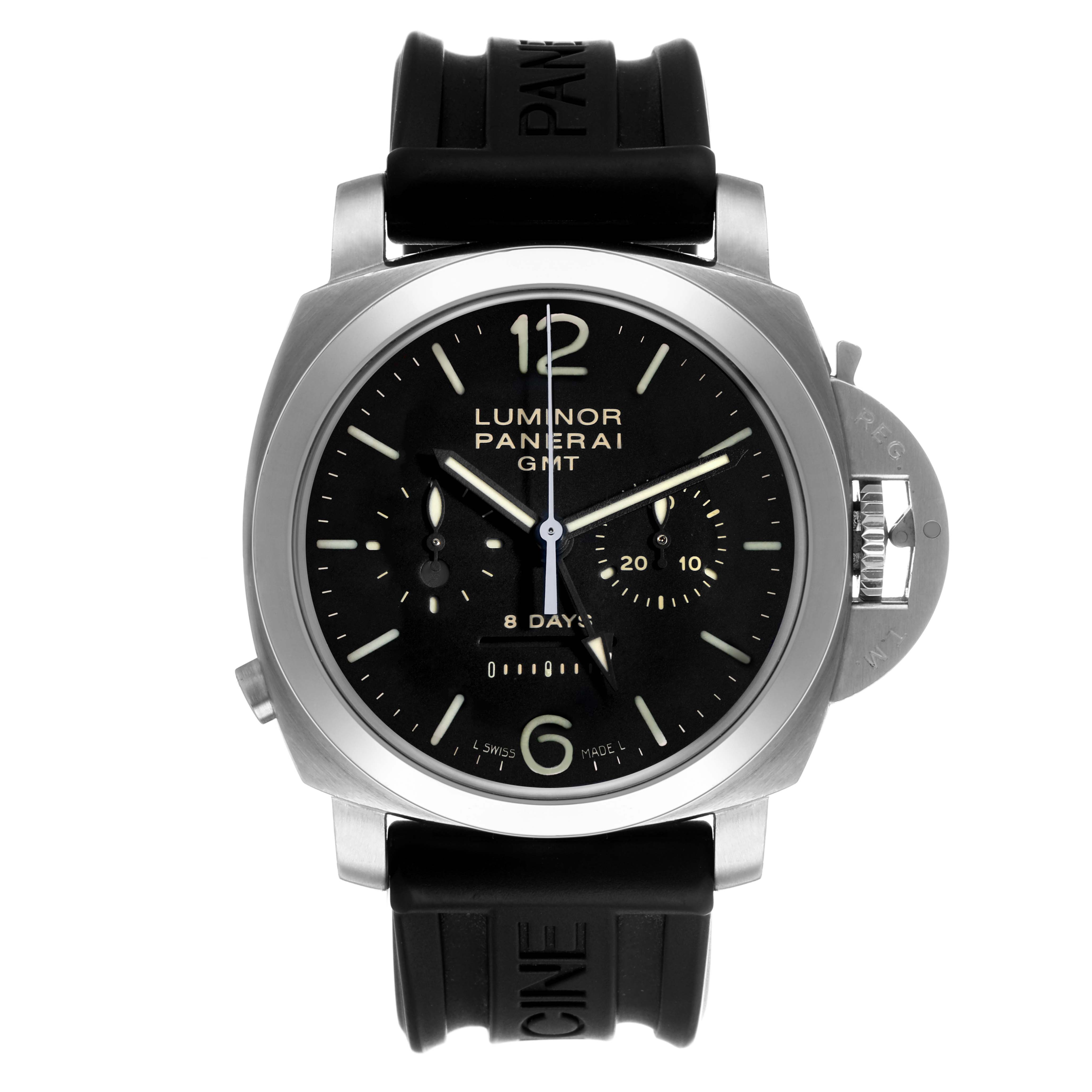 The Panerai Luminor PAM00275 Men's Stainless Steel Black Dial watch is shown from a front angle, displaying the face, strap, and distinctive crown guard.