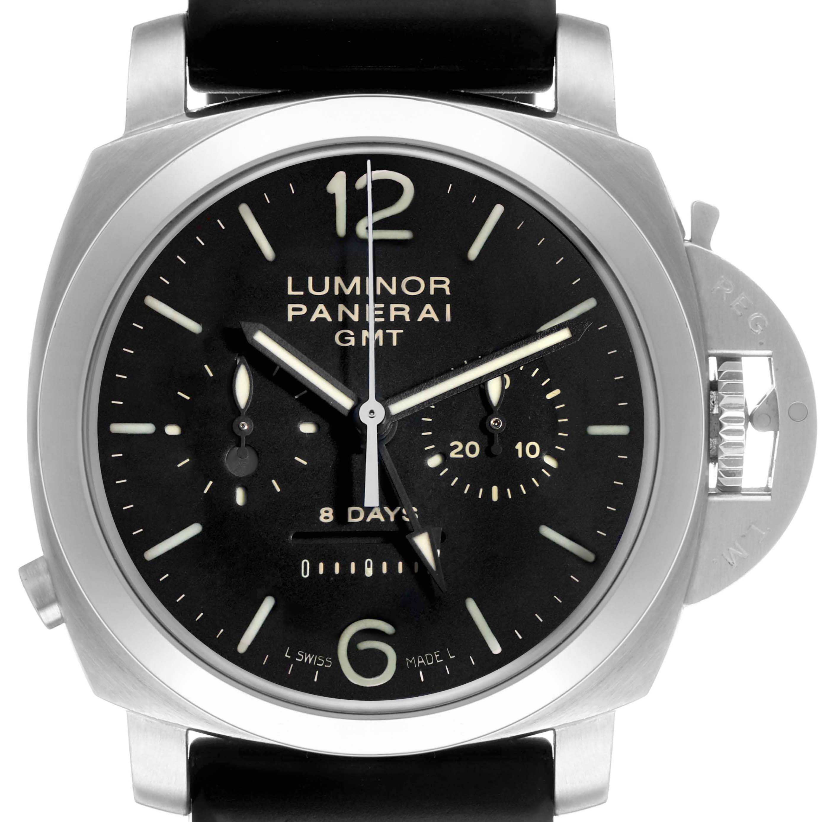 The Panerai Luminor PAM00275 Men's Stainless Steel Black Dial watch is shown from the front, showcasing its face, crown, and strap connections.