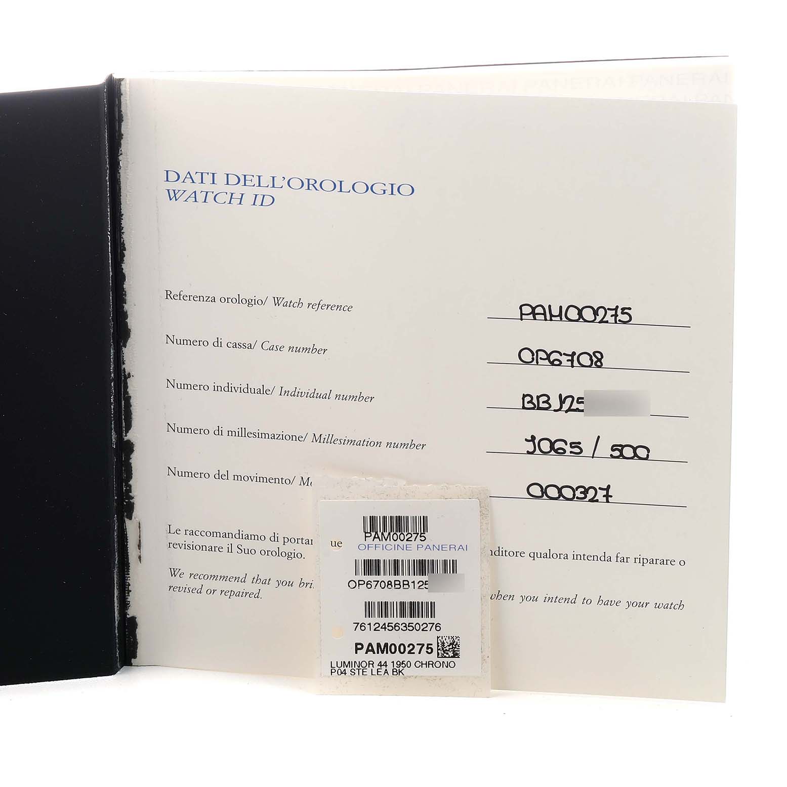 The image shows the watch ID paperwork for a Panerai Luminor PAM00275 Men's Stainless Steel Black Dial model, including reference numbers.