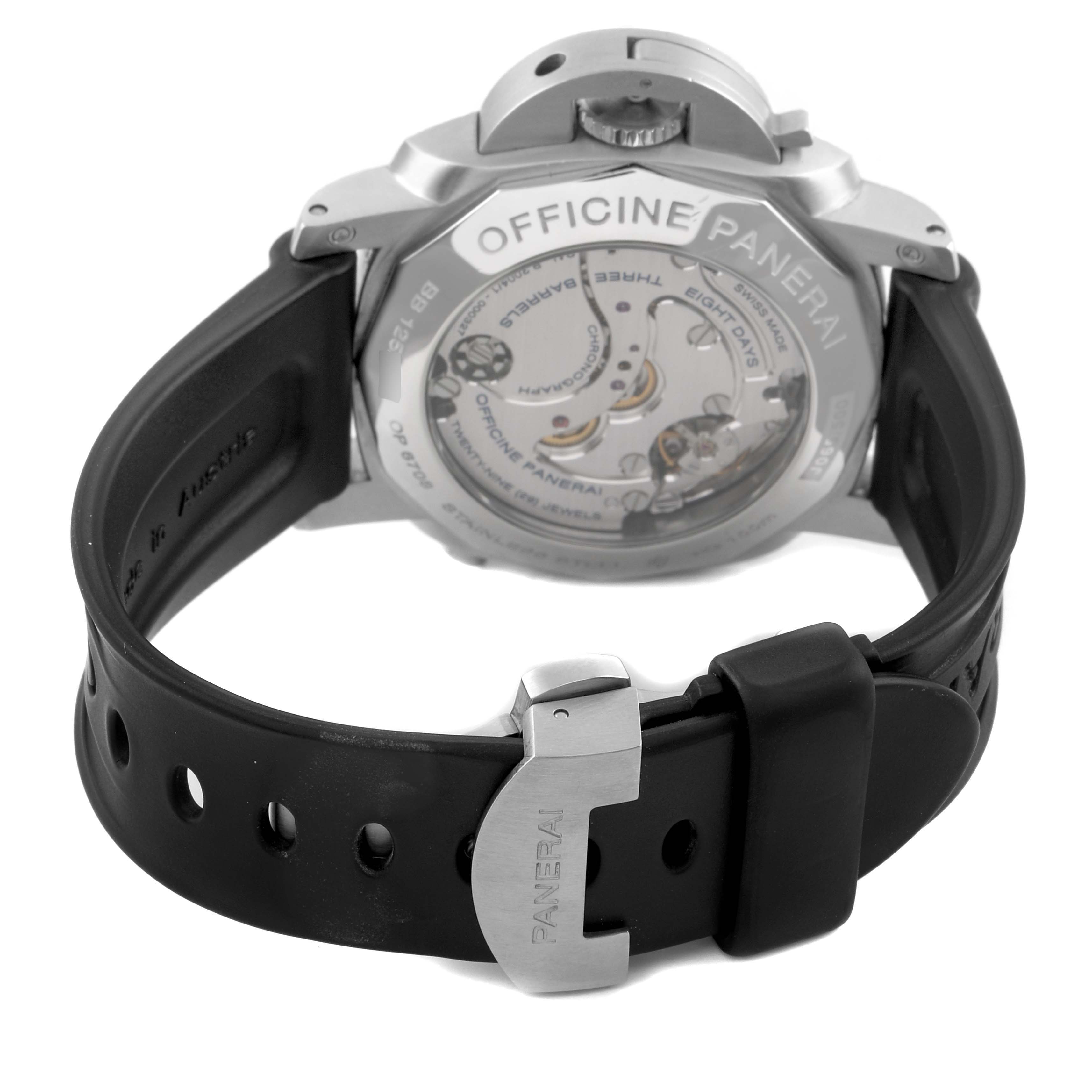 The image shows the back of a Panerai Luminor PAM00275 Men's Stainless Steel Black Dial watch, highlighting its transparent case back and black rubber strap.