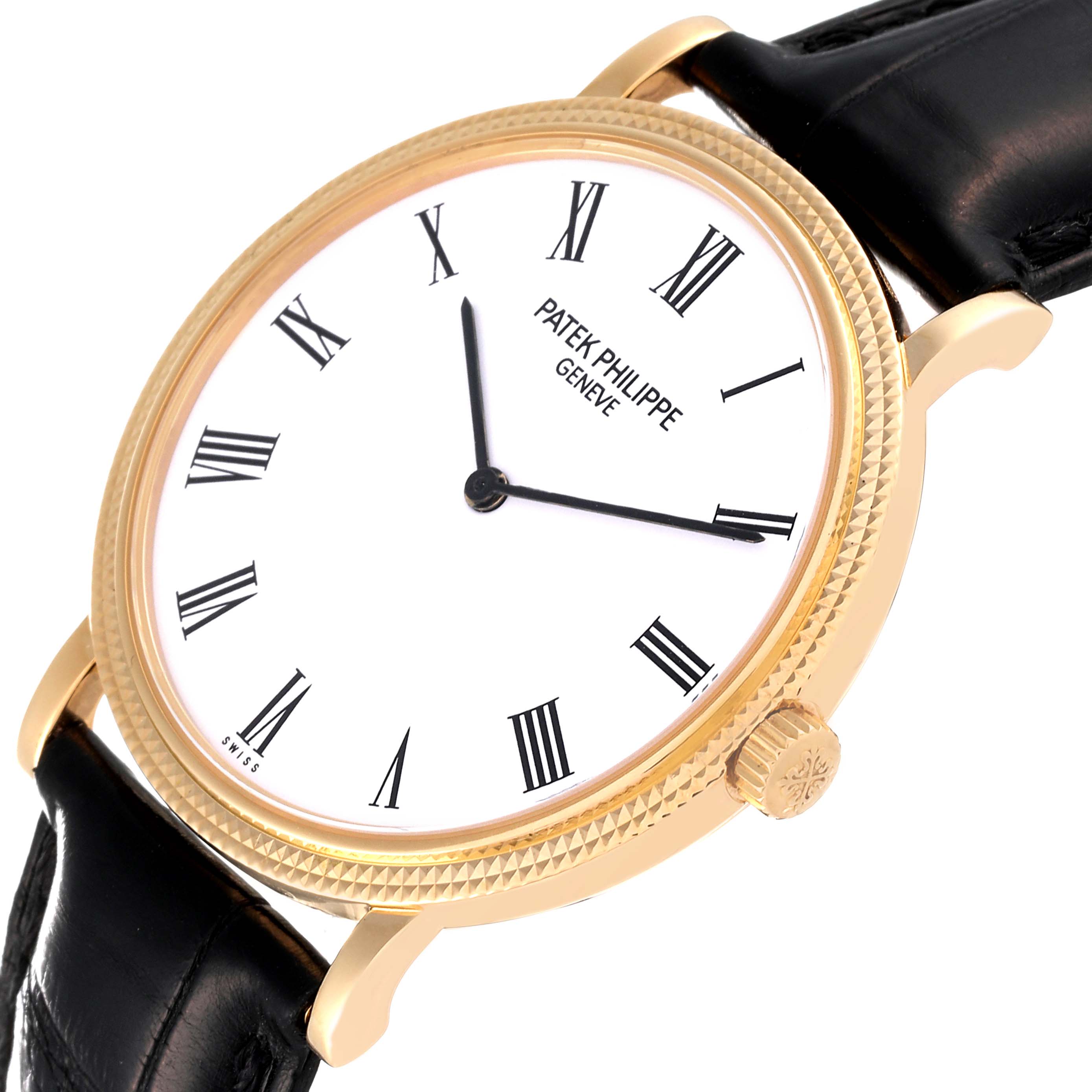The image shows a close-up angled view of the Patek Philippe Calatrava 5120J Men's Yellow Gold White Dial 5120J Men's Yellow Gold White Dial watch face and crown with black leather strap.