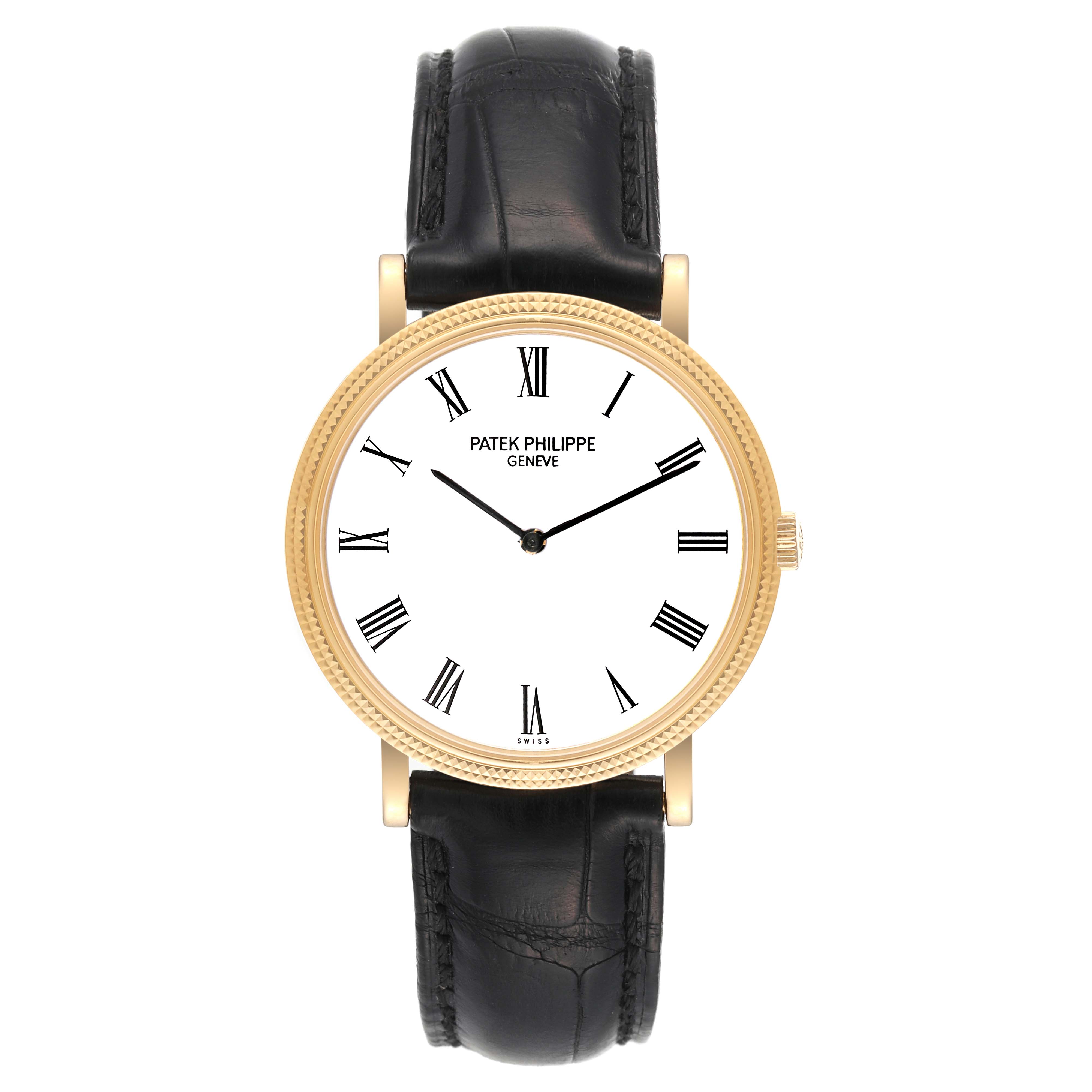 The image shows a front view of the Patek Philippe Calatrava 5120J Men's Yellow Gold White Dial 5120J Men's Yellow Gold White Dial model watch, featuring a leather strap and Roman numeral dial.