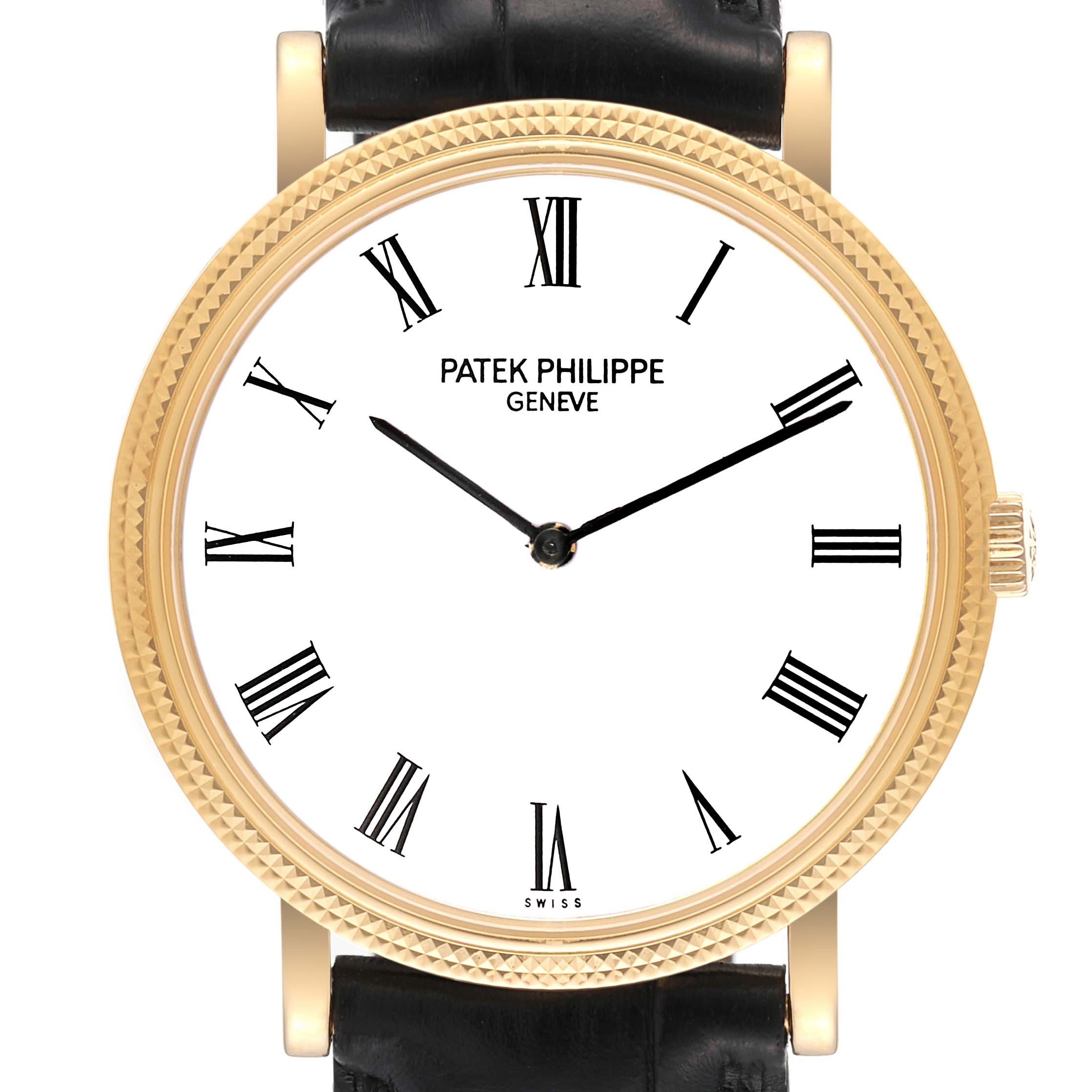 The image shows a frontal view of the Patek Philippe Calatrava 5120J Men's Yellow Gold White Dial 5120J Men's Yellow Gold White Dial watch, highlighting its dial, Roman numerals, hands, and bezel.