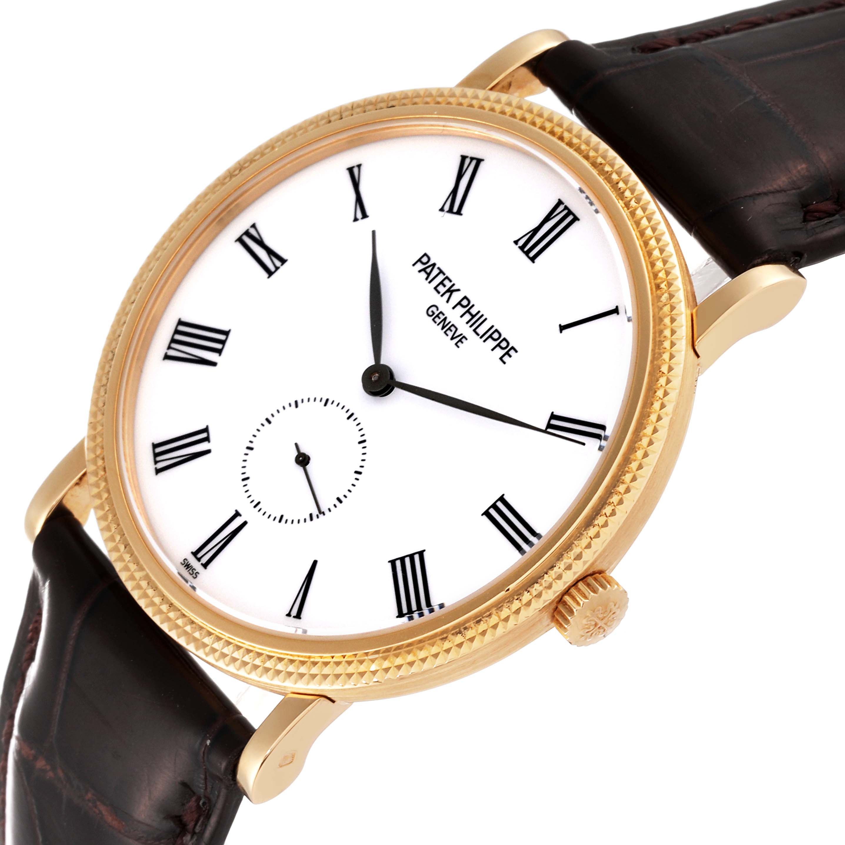 This image shows a front angle of the Patek Philippe Calatrava 5119J Men
s Yellow Gold White Dial 5119J Men
s Yellow Gold White Dial watch, highlighting the face, bezel, crown, and leather strap.