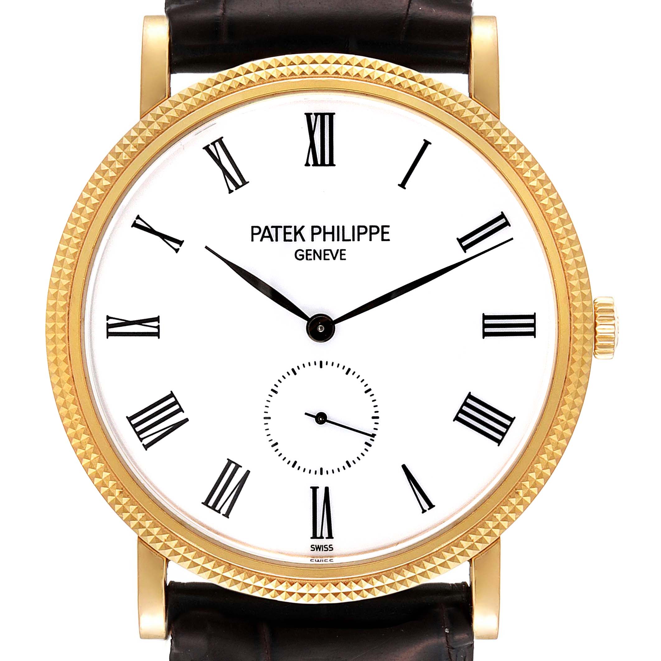 The image shows a front view of a Patek Philippe Calatrava 5119J Men
s Yellow Gold White Dial 5119J Men
s Yellow Gold White Dial watch, highlighting its face, Roman numerals, and leather strap.