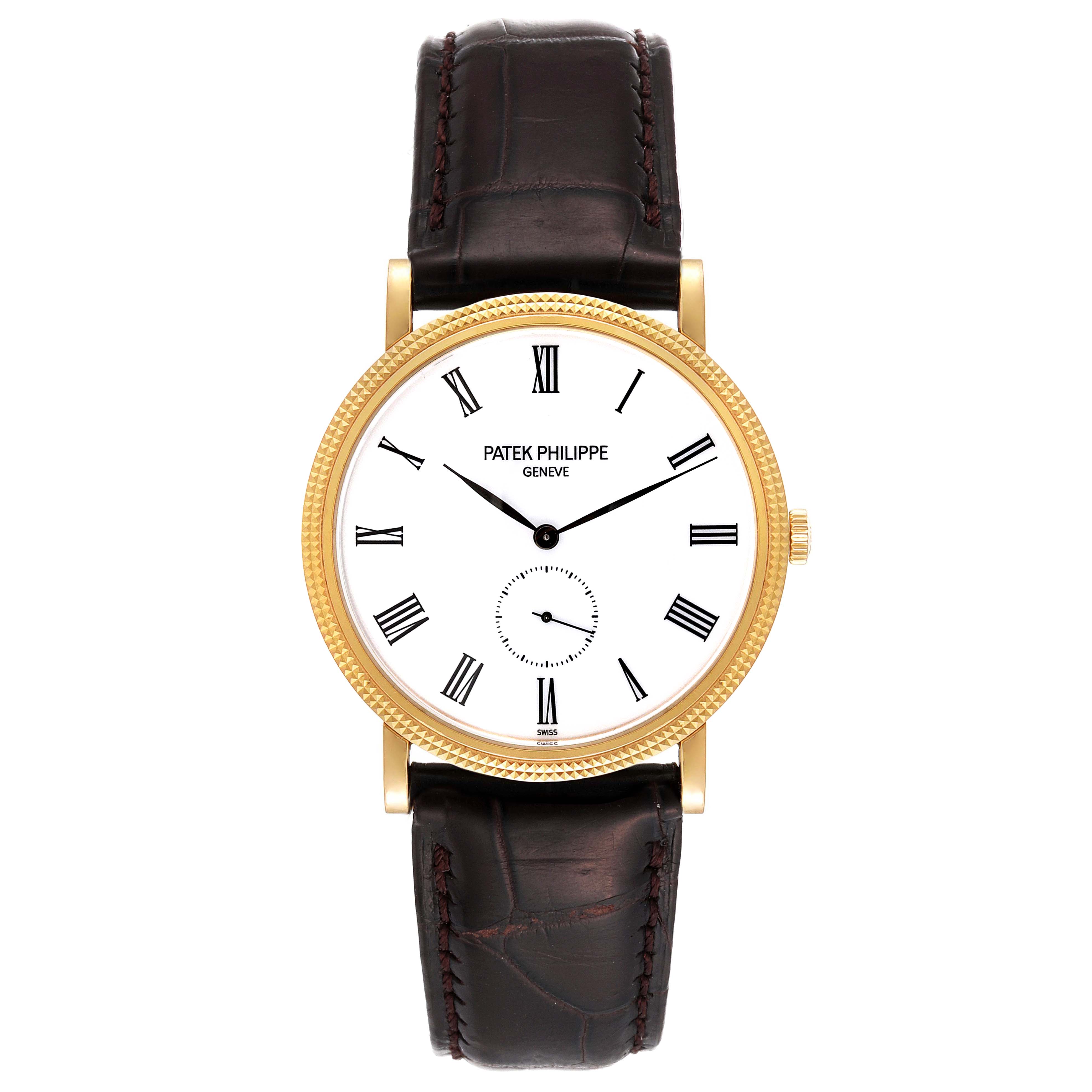 This image shows a front view of a Patek Philippe Calatrava 5119J Men
s Yellow Gold White Dial 5119J Men
s Yellow Gold White Dial watch with a gold case, white dial, black Roman numerals, and brown leather strap.