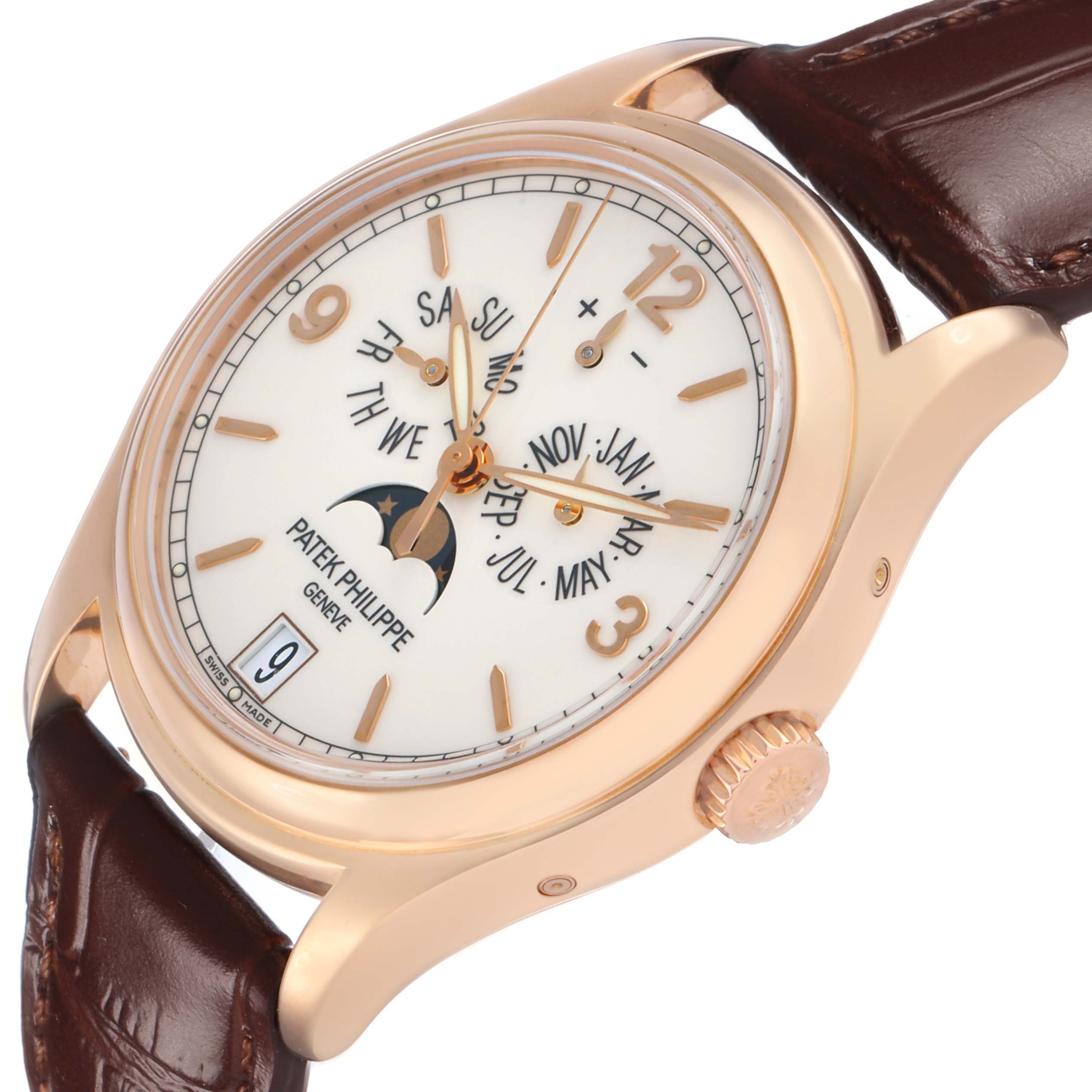 The Patek Philippe Complications 5146R Men's Rose Gold White Dial watch is shown at an angled view, highlighting the dial, case, crown, and brown leather strap.