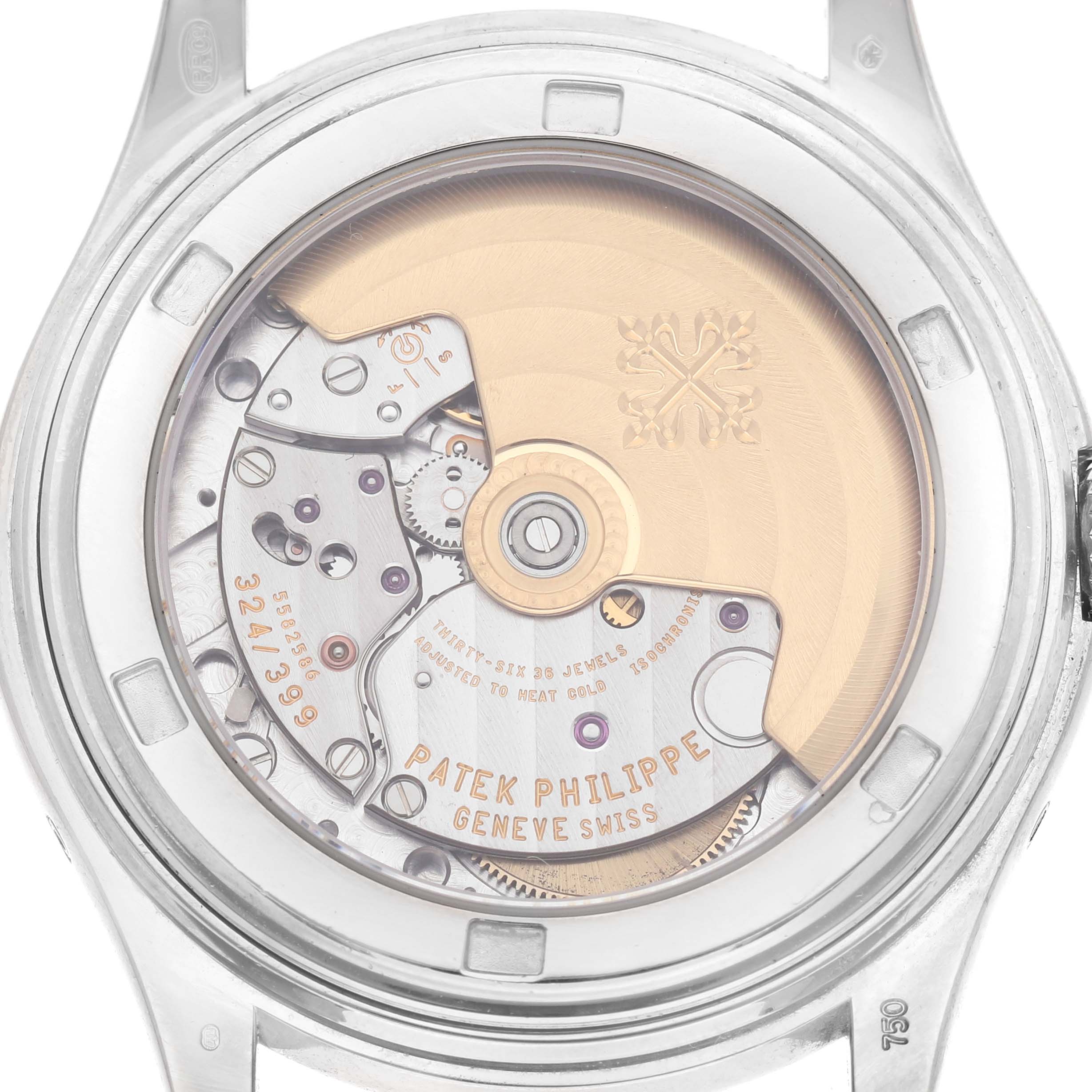 The image shows the back of a Patek Philippe Complications 5146G Men's White Gold Grey Dial model, highlighting its intricate movement and rotor.