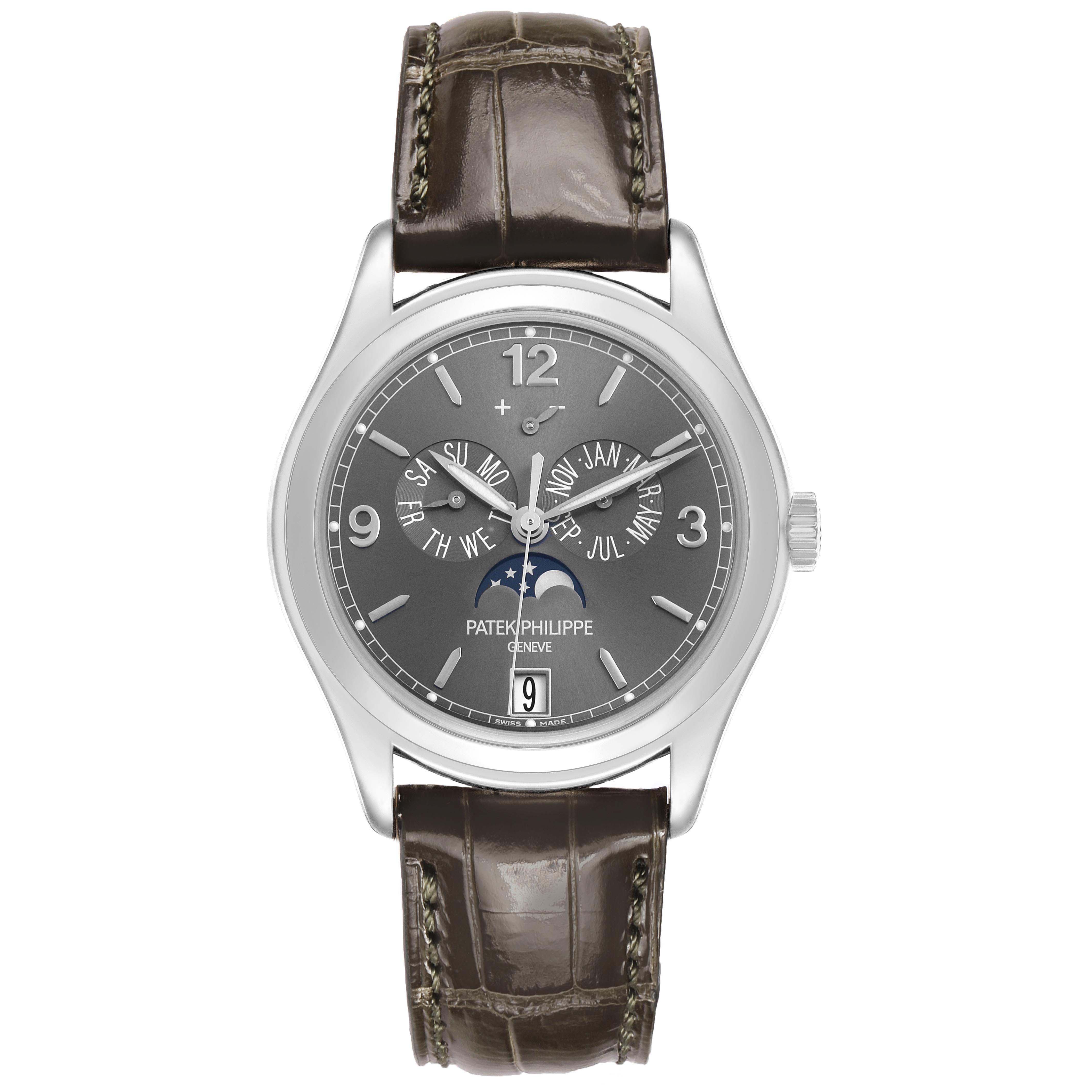 The Patek Philippe Complications 5146G Men's White Gold Grey Dial watch is shown from a top view, displaying the dial, hour markers, subdials, and brown leather strap.
