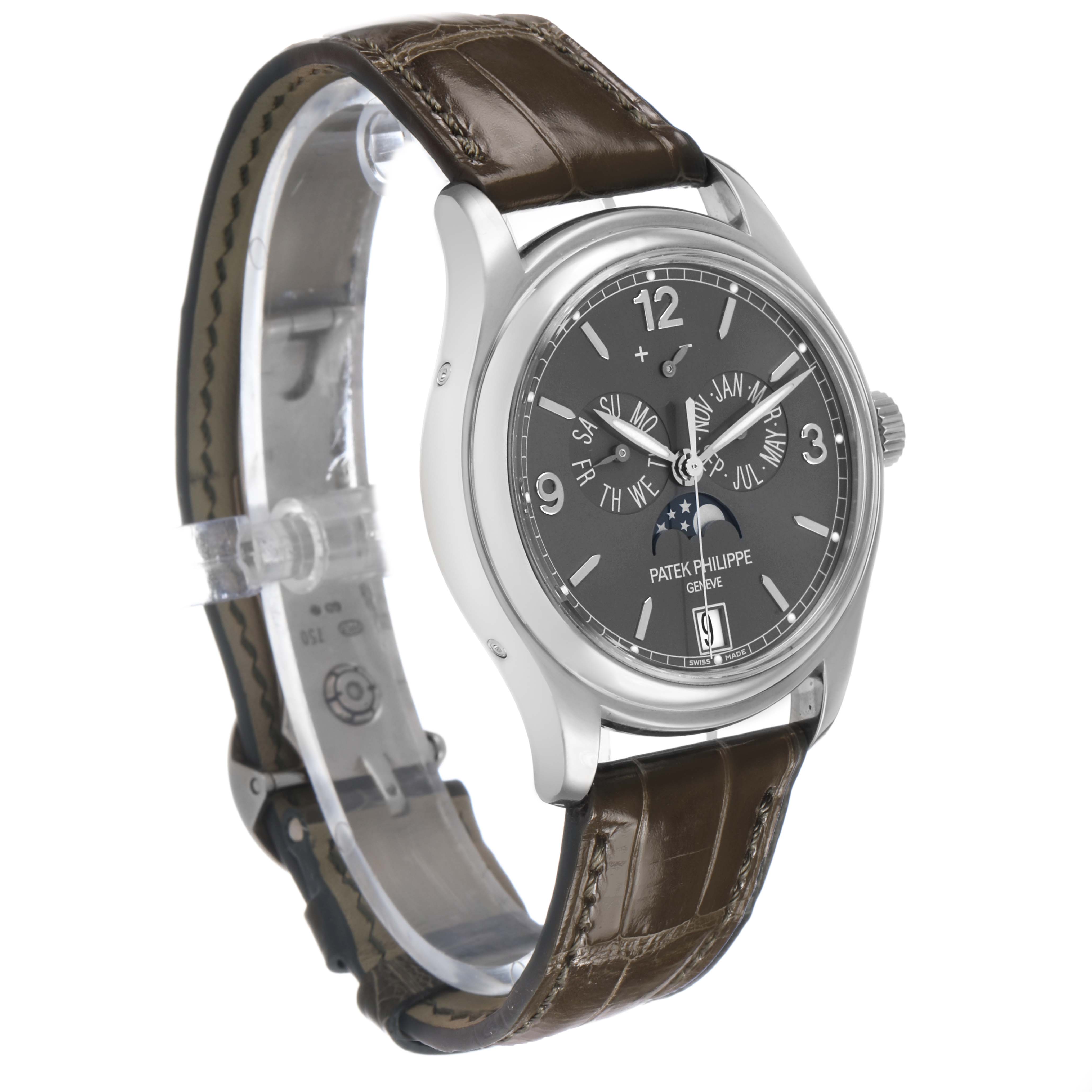 The Patek Philippe Complications 5146G Men's White Gold Grey Dial model is shown at a three-quarter angle, highlighting the dial, case, and leather strap.